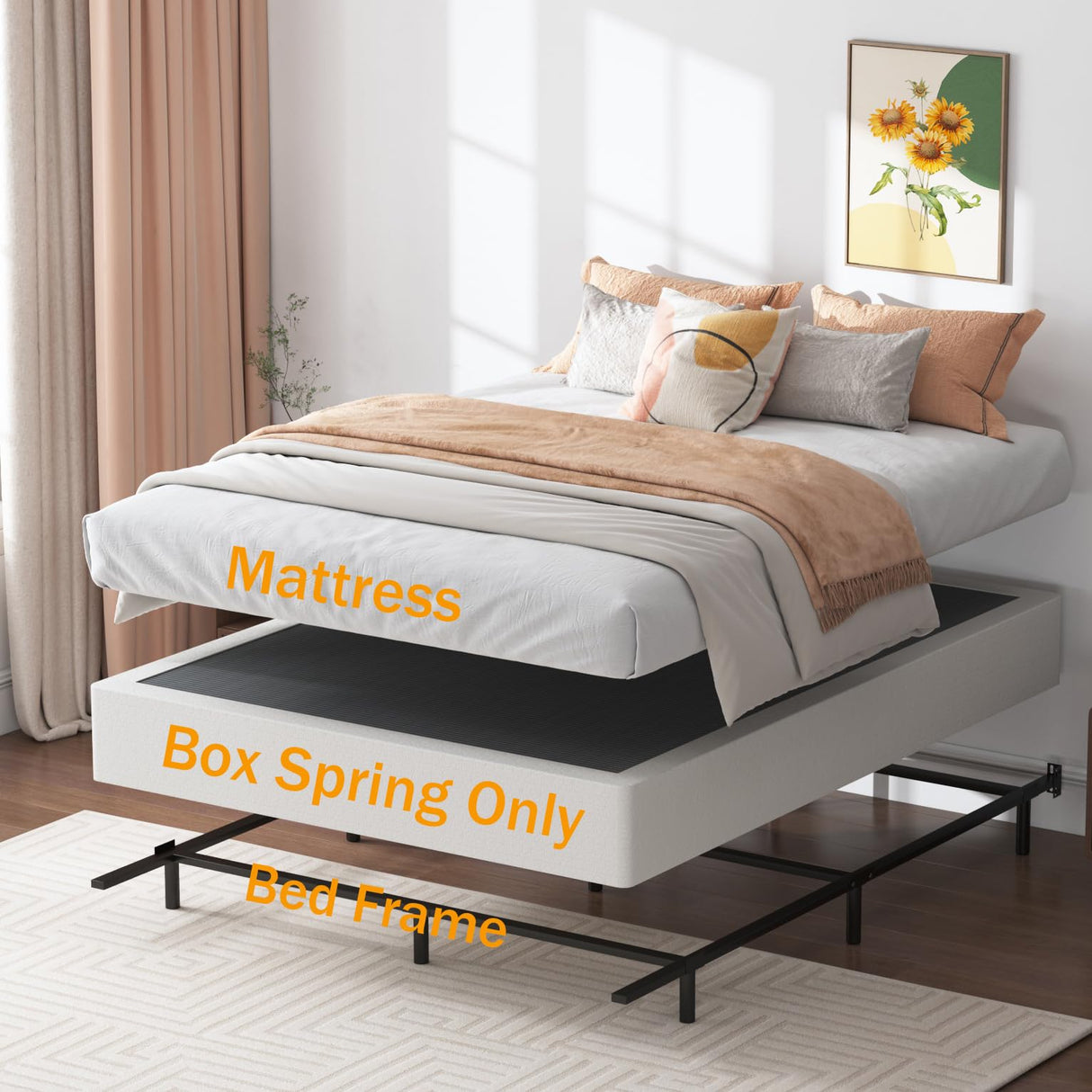 SHLAND Box Springs King 9 Inch High Profile King Size Box Spring Strong Metal Frame Mattress Foundation with Fabric Cover, Box Spring King Size Bed, Easy Assembly SHLAND