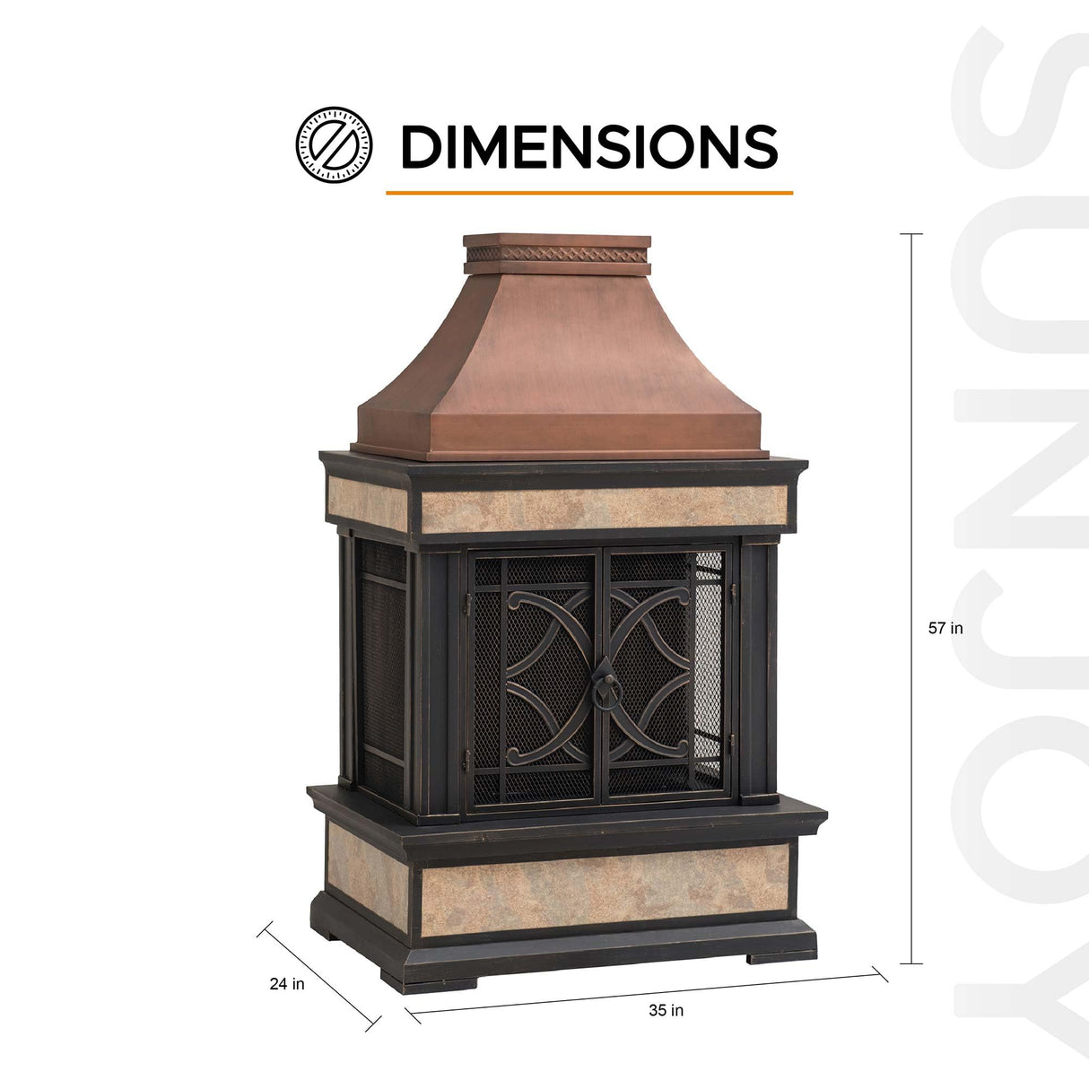 Sunjoy Outdoor Fireplace, Smith Collection Patio Wood Burning Steel Fireplace with Chimney, Spark Screen, Fire Poker, and Removable Grate, Copper with Yellow Tile Sunjoy