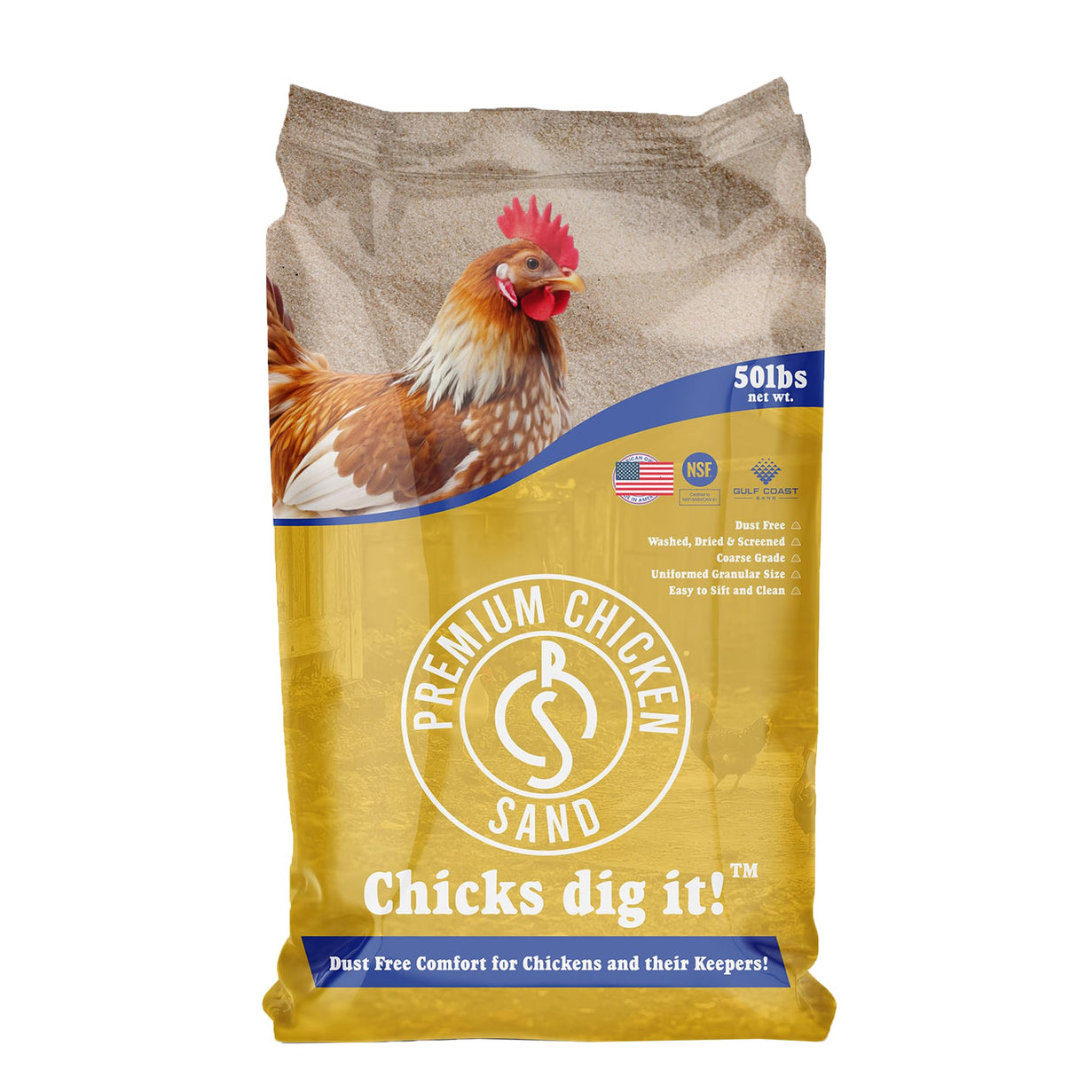 Premium Chicken Sand, 50 lb Bag Odor Eliminating Bedding for Chicken Coops, Nesting Boxes & Runs Premium Chicken Sand