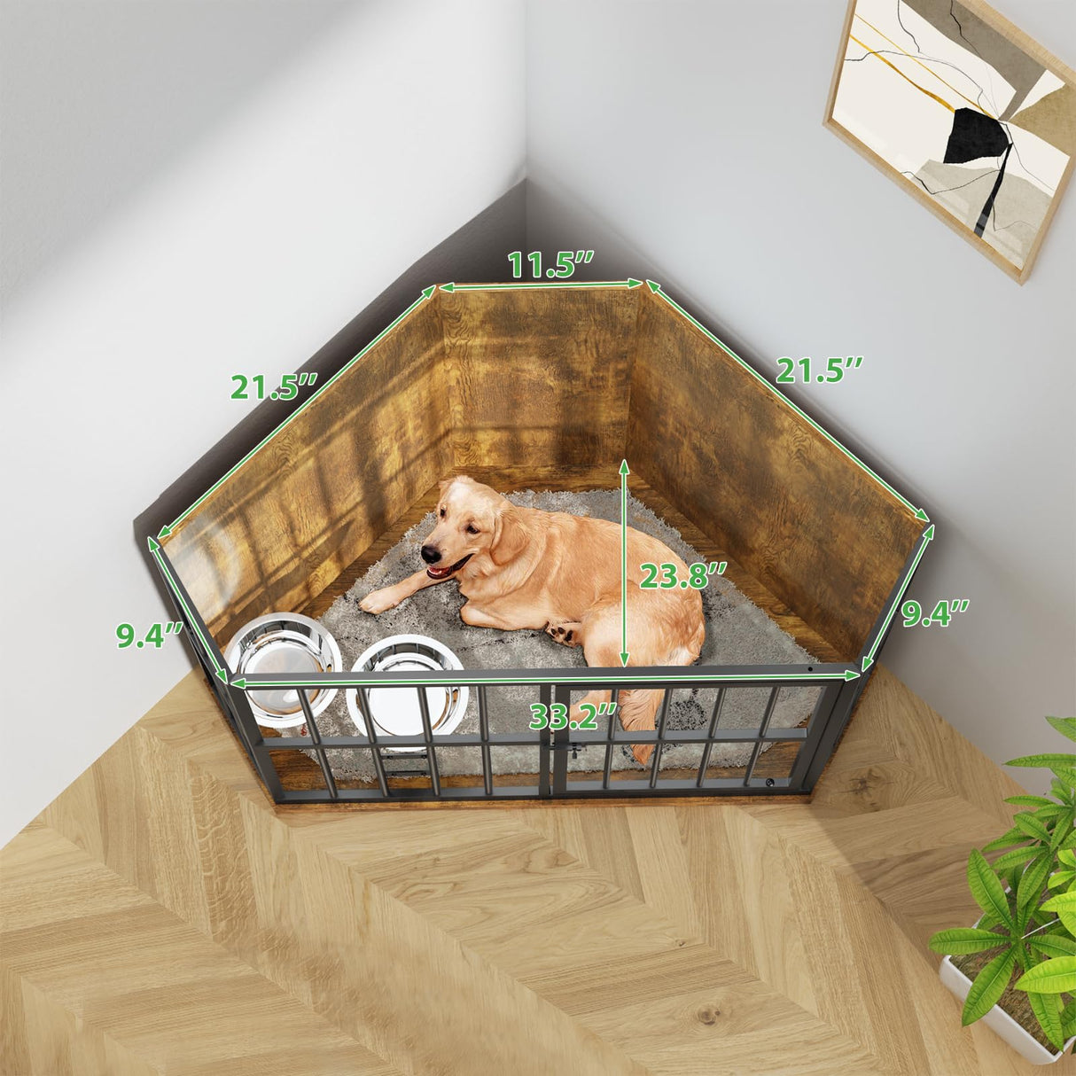 MODCART Medium Dog Crate Furniture, 42โ Heavy Duty Corner Dog Crate with 2 Stainless Steel Bowls, Dog Kennel Furniture Style House, Wooden Decorative Pet House End Side Table, Chew-Resistant, Rustic MODCART