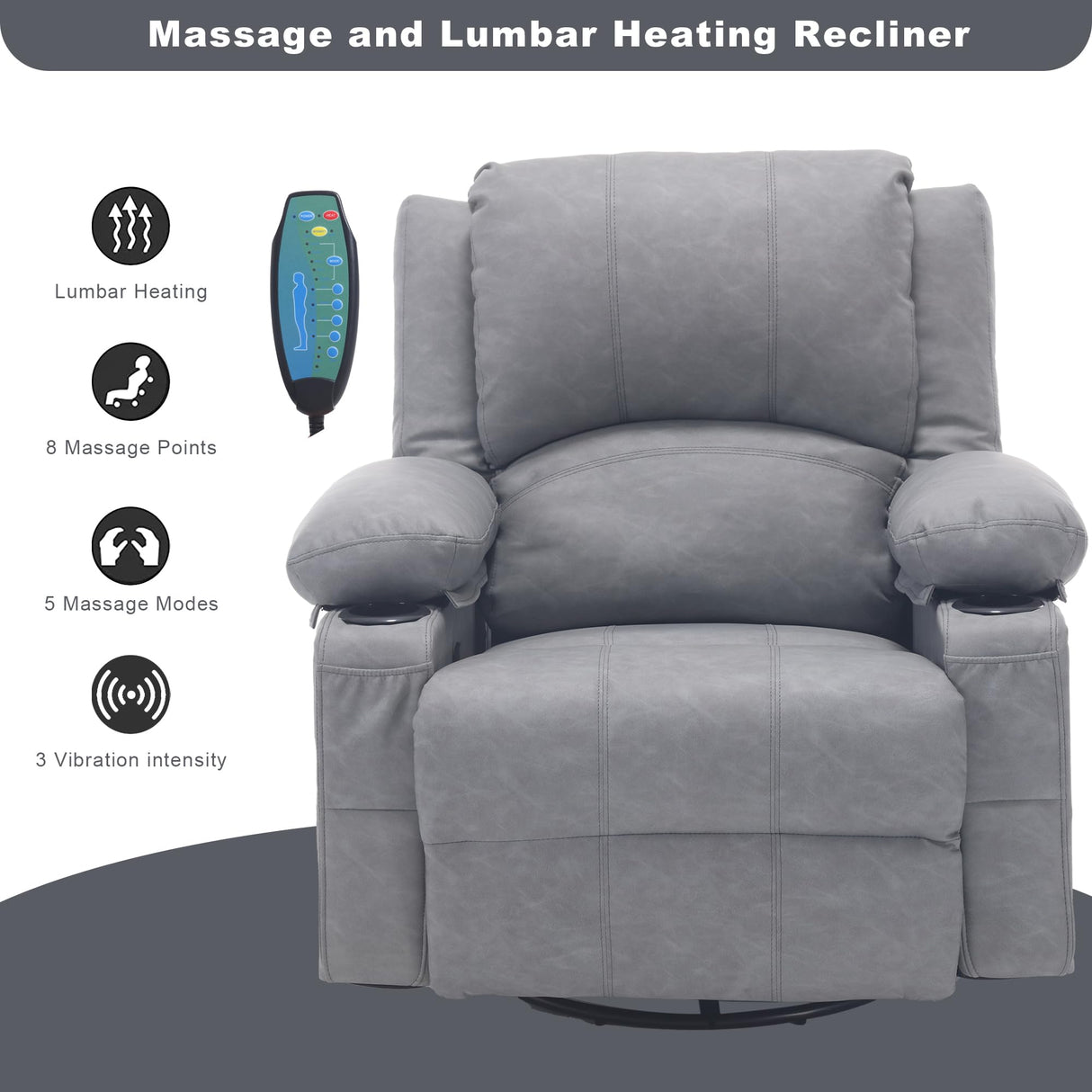 Massage Swivel Rocker Recliner with Lumbar Heat, Overstuffed PU Leather Recliners for Living Room, Modern Single Rocking Chair for Adults, Manual Rocker Recliner with Cup Holders for Bedroom, Grey Comermax