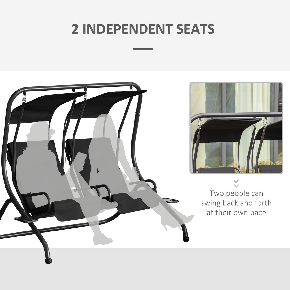 Outsunny Patio Swing Chair with 2 Separate Seats, Outdoor Swing Glider with Removable Canopy and Cup Holders, for Porch, Garden, Poolside, Backyard, Black Outsunny