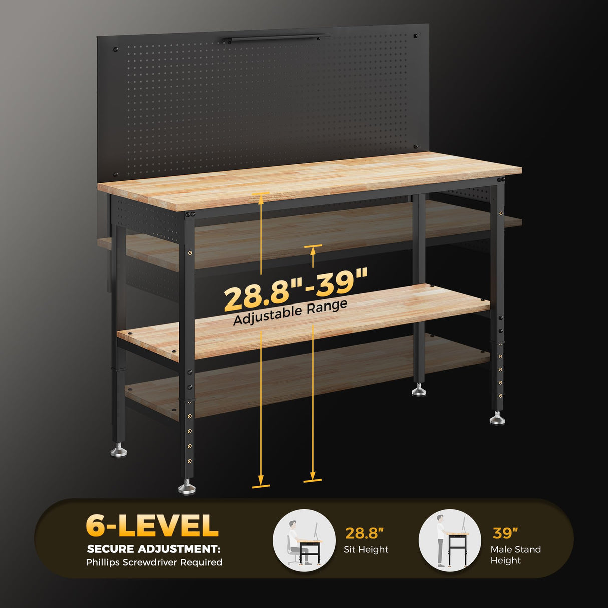 CAMMOO 60" Work Bench Adjustable Height with Storage Shelf, Max Load 2000 LBS Heavy Duty Rubberwood Tabletop with Pegboard, LED Light, Built-in Power Strip for Woodworking Shop, Garage, Home CAMMOO