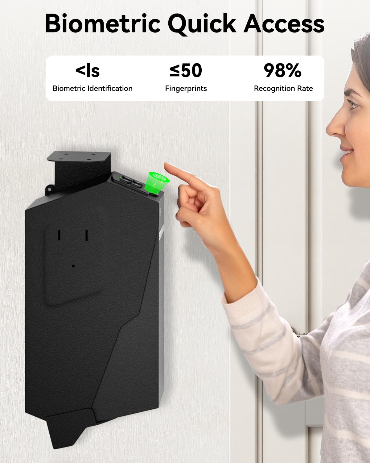 SOOWAY Biometric Pistol Safe Fingerprint Quick Access Gun Safe for Handgun, Drop Down Mounted with 3 Ways Unlock Gun Lock Box for Car, Nightstand, Desk, Wall, Dresser SOOWAY