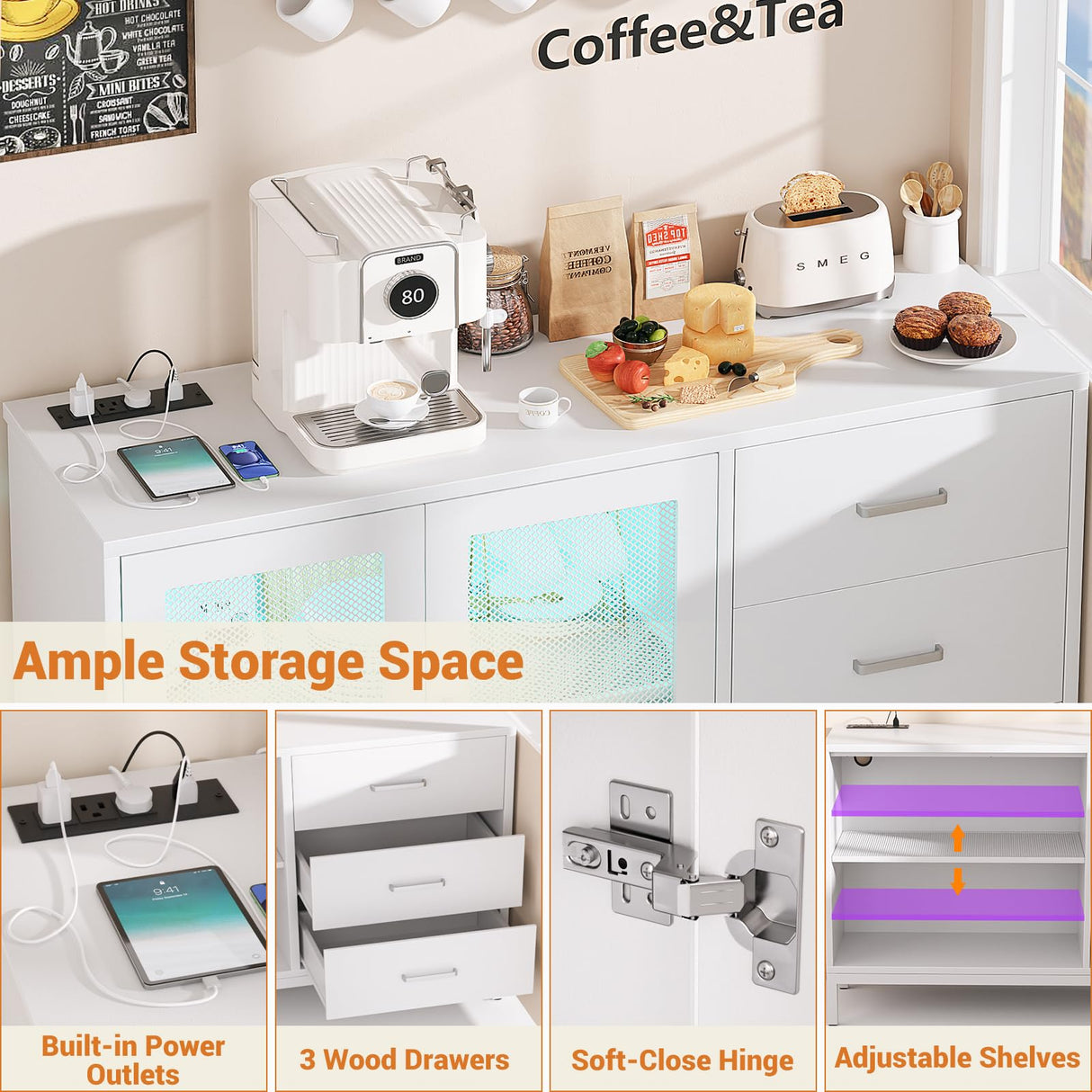 Aheaplus Sideboard Buffet Cabinet with 3 Wood Drawers, Storage Cabinet with Power Outlet, Coffee Bar Cabinet with LED light, 2 Doors, Modern Accent Cabinet Console Table for Kitchen Dining Room, White Aheaplus