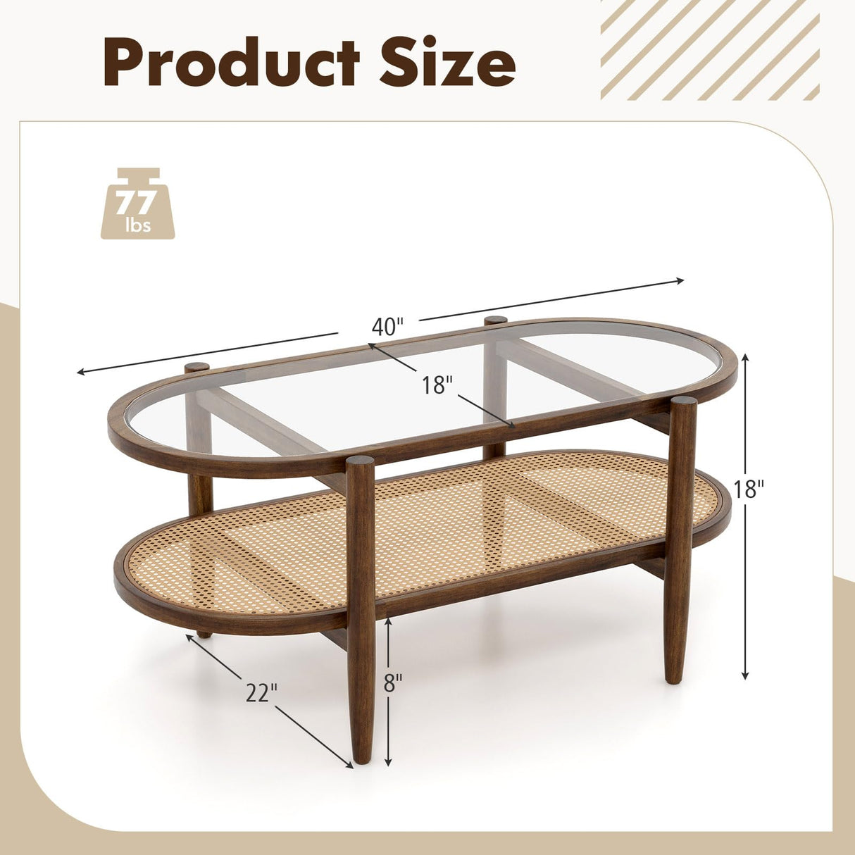 NAFORT 2-Tier Glass Coffee Table, 40" Oval Center Table with Tempered Glass Top, PE Wicker Storage Shelf, Farmhouse Modern Boho Tea Table for Living Room, Office, or Balcony (Bohemian, Brown)