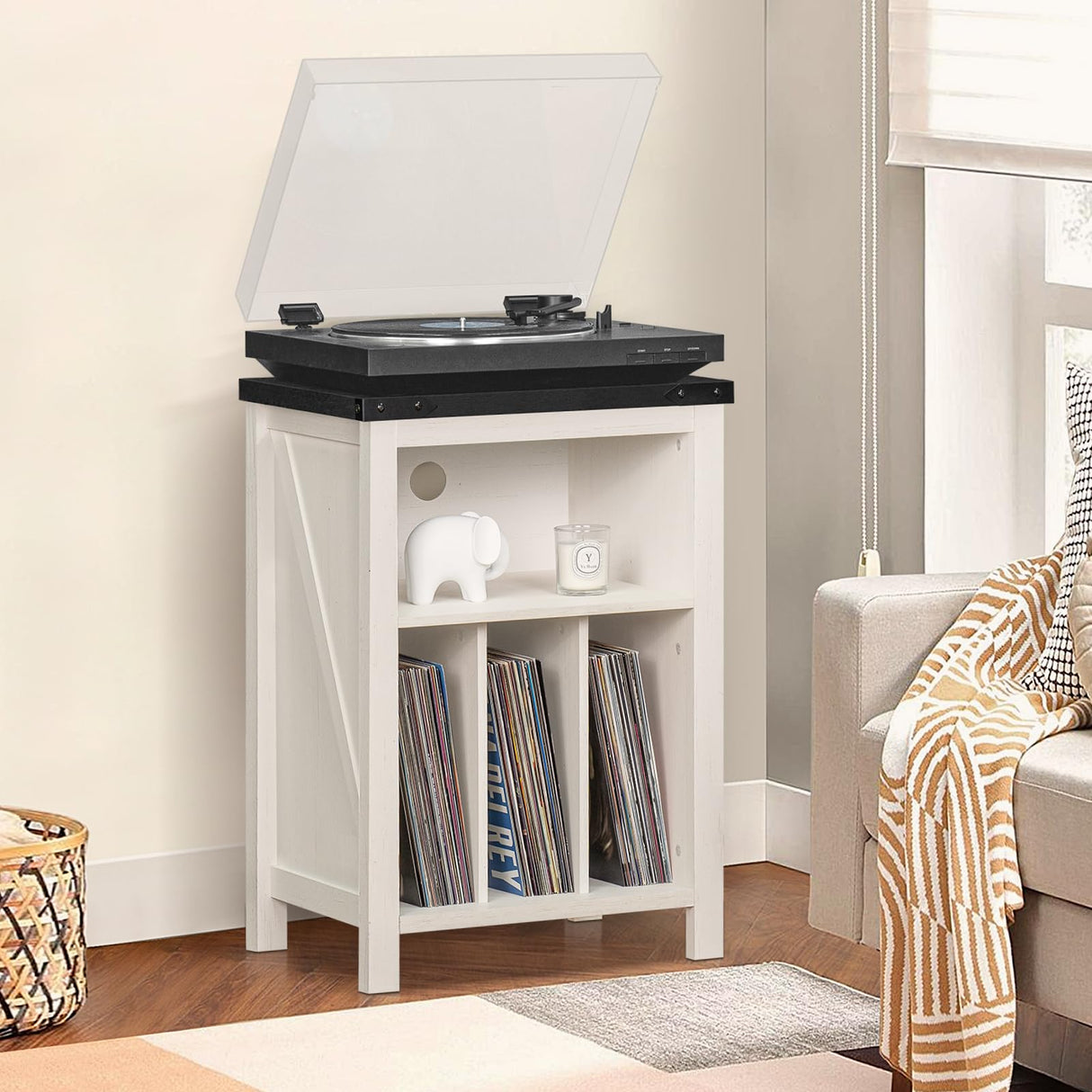 Record Player Stand with Vinyl Record Storage Holds up to 160 Albums,Large Wood Record Player Table Dispaly Shelf,White Turntable Stand Cabinet for Living Room,Bedroom,Office 8 Joaxswe