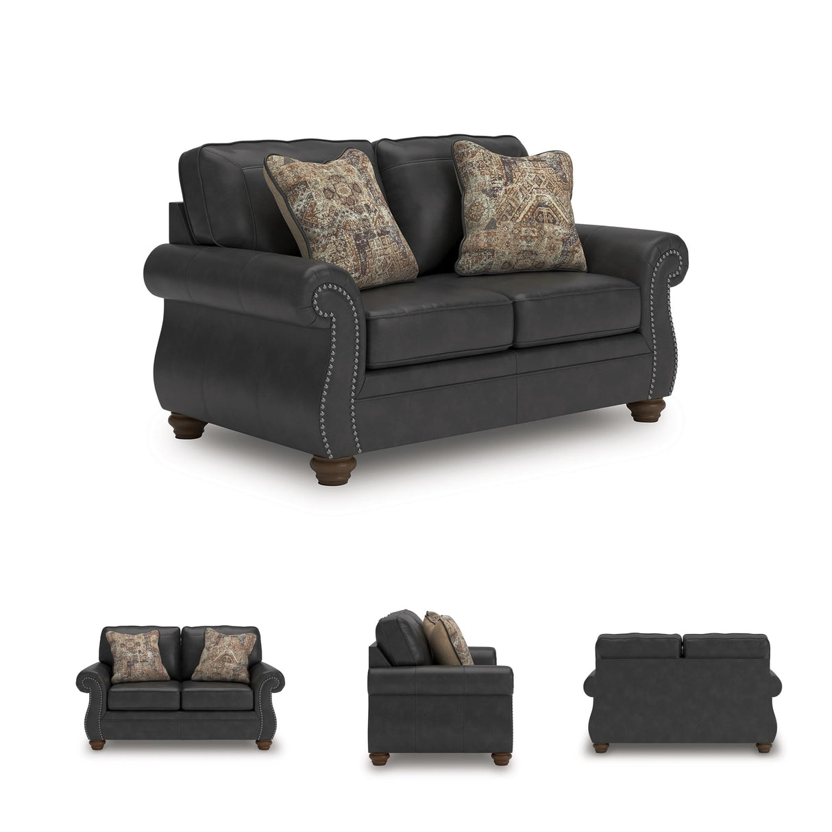 Signature Design by Ashley Chatterton Rustic Faux Leather Loveseat with Nailhead Trim and 2 Throw Pillows, Black Signature Design by Ashley