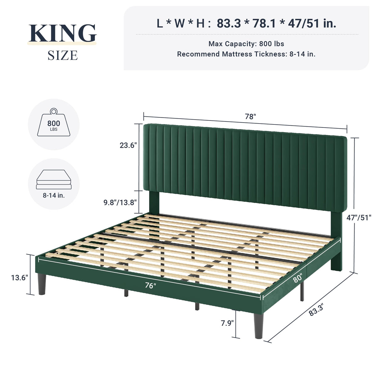 Allewie King Bed Frame, Velvet Upholstered Platform Bed with Adjustable Vertical Channel Tufted Headboard, Mattress Foundation with Strong Wooden Slats, Box Spring Optional, Easy Assembly, Green Allewie