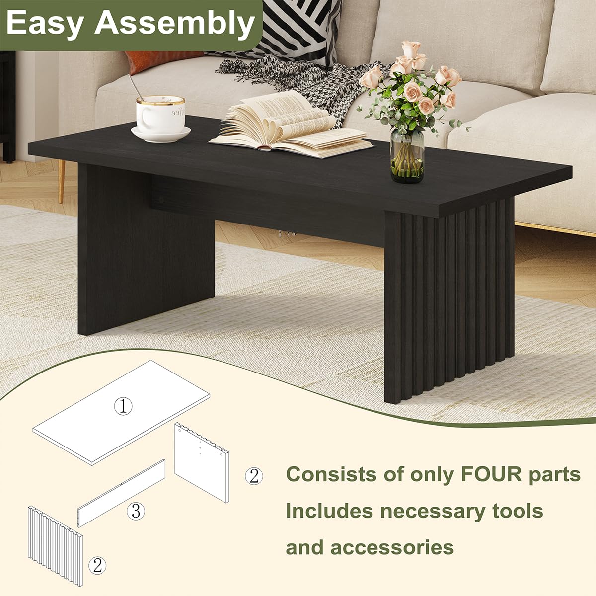 BON AUGURE Black Coffee Table, Modern Coffee Tables for Living Room, Wooden Center Table, Living Room Tables for Home, Office (Black Oak, 43Inch) BON AUGURE