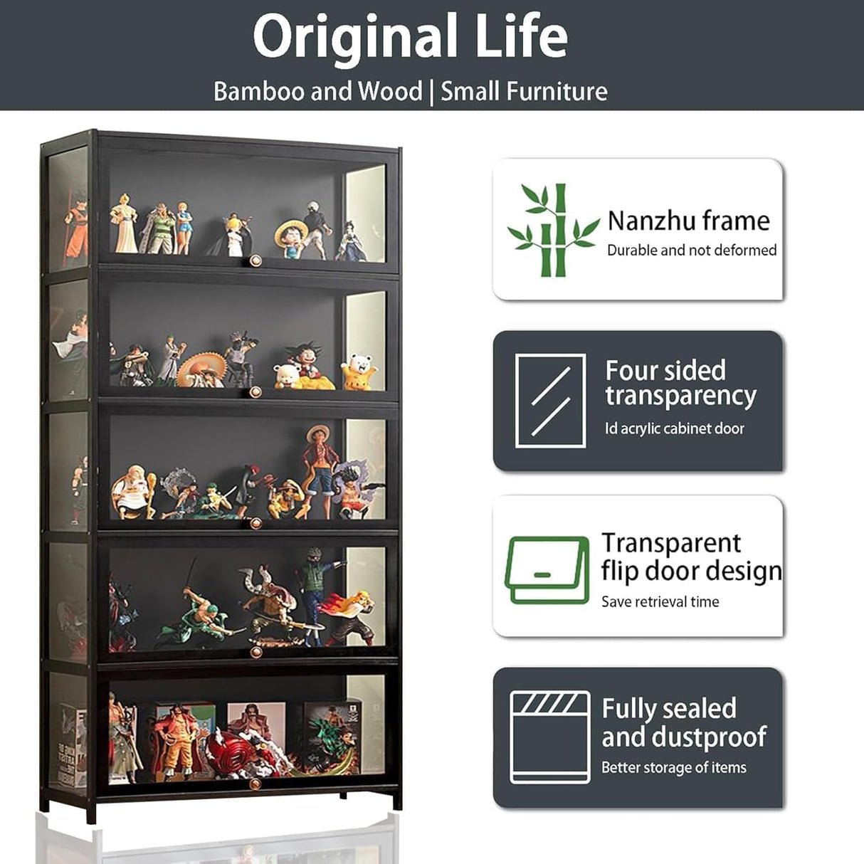 Curio Display Cabinet, 5 Tier Storage Shelves with Acrylic Glass Door, Transparent Bamboo Display Case for Figures, Display Shelves for Collectibles & Kids Bookcase for Home (Black Flip Door) iusyugh