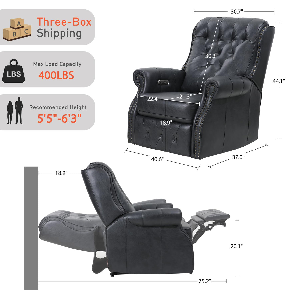 EONIX Dual Motor Lay Flat Power Recliner Chair, Mid Century Wingback Recliner with Independent Adjustable Backrest and Extended Footrest, 400lbs Heavy Duty, Breathable Faux Leather, Black EONIX