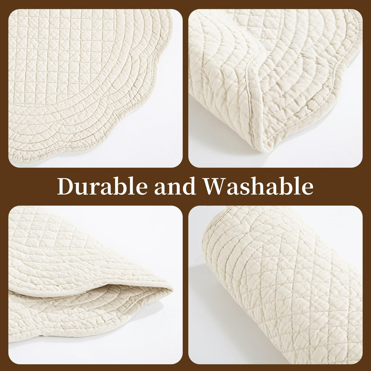 BALAPET Quilted Placemats Set of 6, 100% Cotton 14" Table Mats Farmhouse Style, Reversible Round Tabletop with Scalloped Edges for Kitchen Dinner Party Holidays, Natural, Machine Washable BALAPET