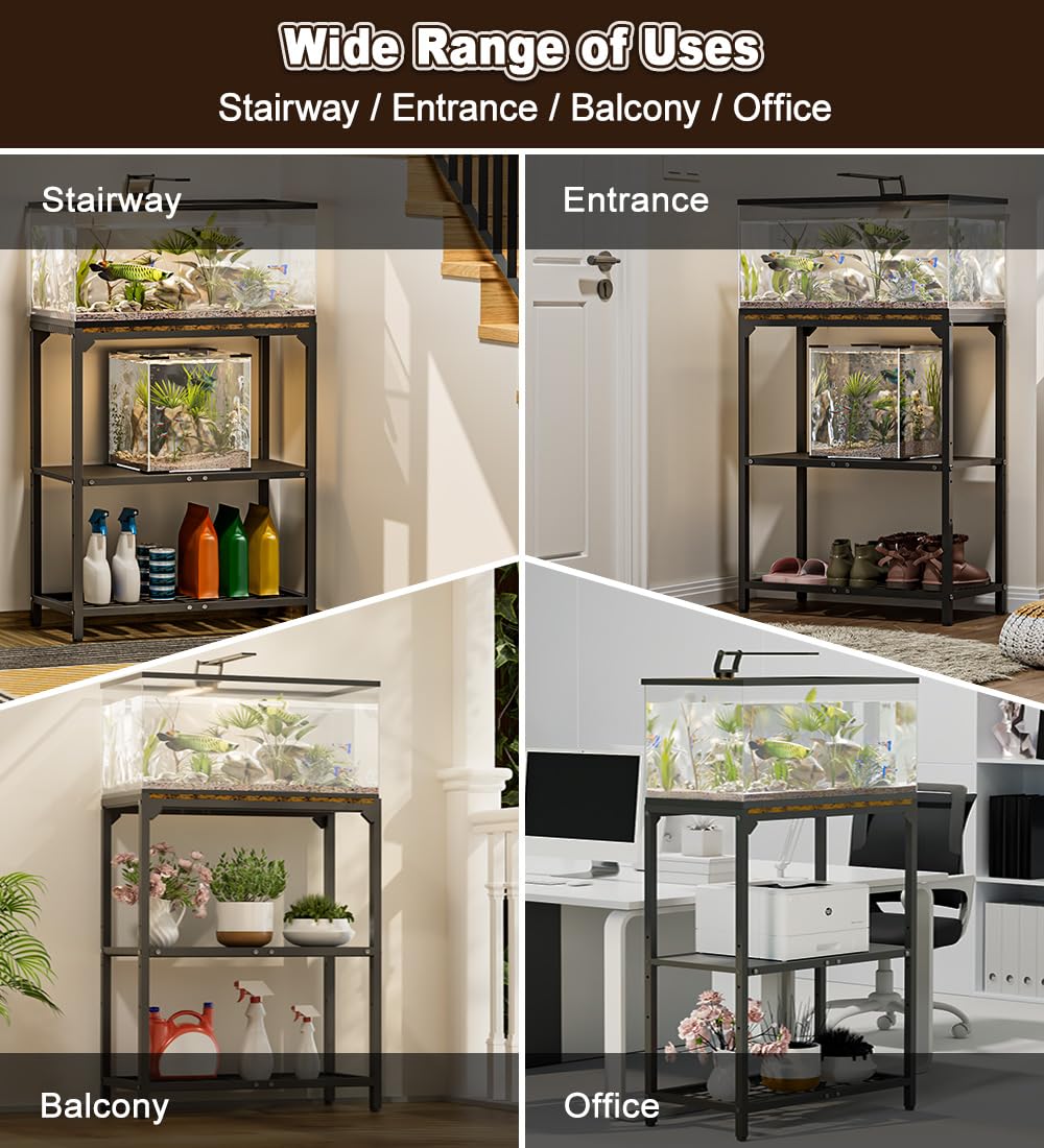 AnBaiMei 20-30 Gallon Aquarium Stand, Metal Fish Tank Stand with Adjustable 3-Tier Storage Shelf, Heavy Duty Reptile Breeder Turtle Tank Terrarium Rack Table for Home Office, 30" L x 12" W x 32.2" H, Black AnBaiMei