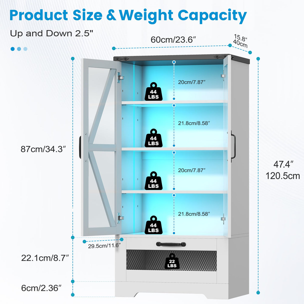 Semoic 47" Display Storage Cabinet with Adjustable Shelves,Pantry Storage Cabinet with LED Light, 4-Tier Curio Showcase with Drawer for Toys, Books, Collection, White Semoic