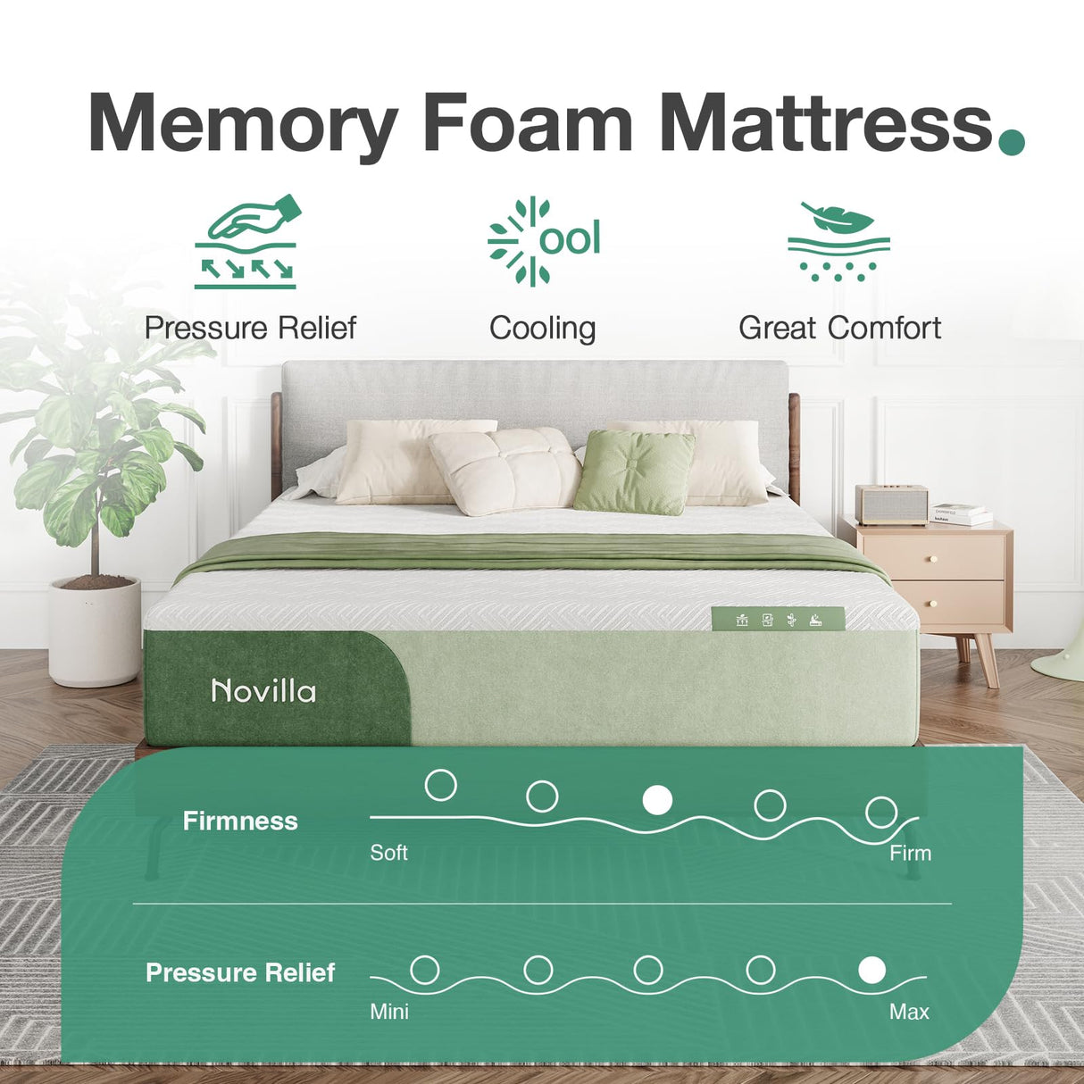 Novilla 12 Inch King Mattress Memory Foam Mattress with Cooling Gel Foam & Soft Cover for Spine Support & Pain Relief Medium Plush King Size Bed Mattresses in a Box Novilla