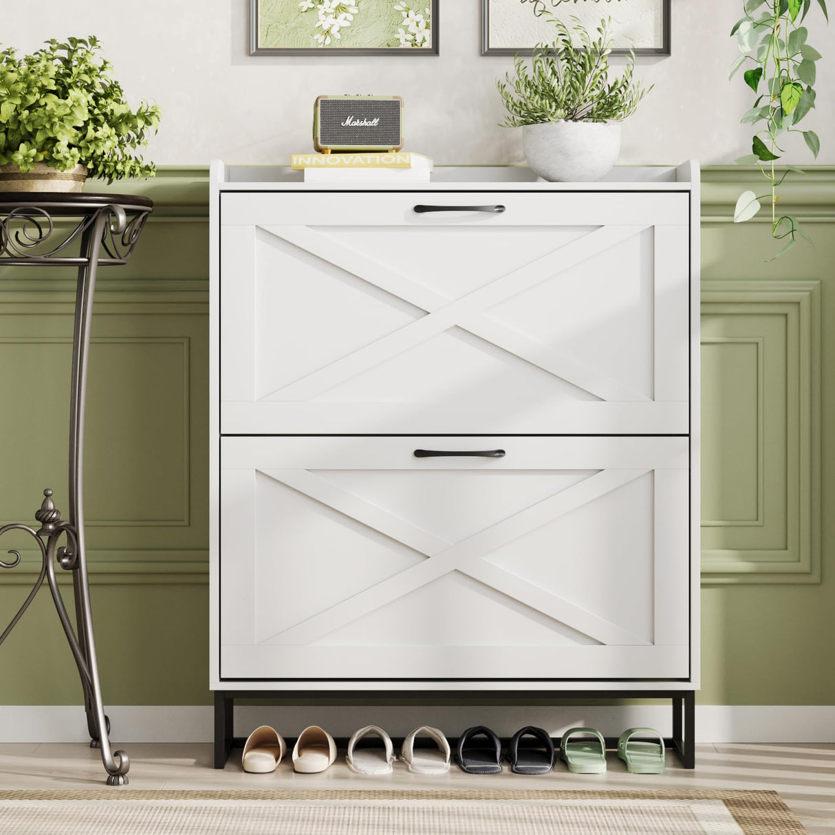 Maupvit Shoe Cabinet with 2 Flip Drawers, Freestanding Shoe Cabinet Organizer with Metal Legs, Shoes Storage Cabinet for Entryway, Narrow Shoe Rack Cabinet, White Maupvit