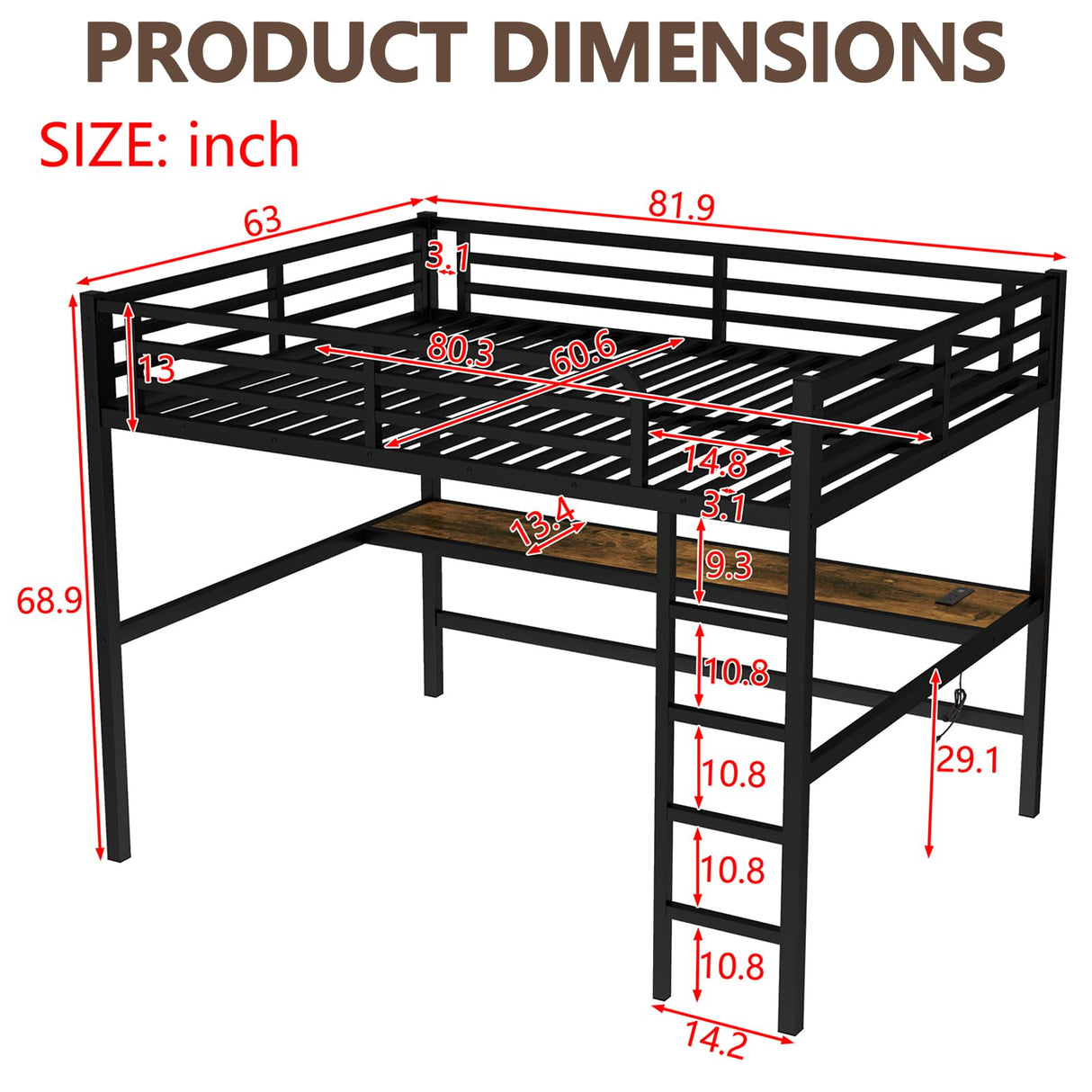 thctvous Queen Loft Bed with Desk,Gaming Loft Bed with LED, Guardrail,Heavy Duty Metal Bed Frame for Adults Teens,Space-Saving,Noise Reduced (Black, Queen) Thctvous