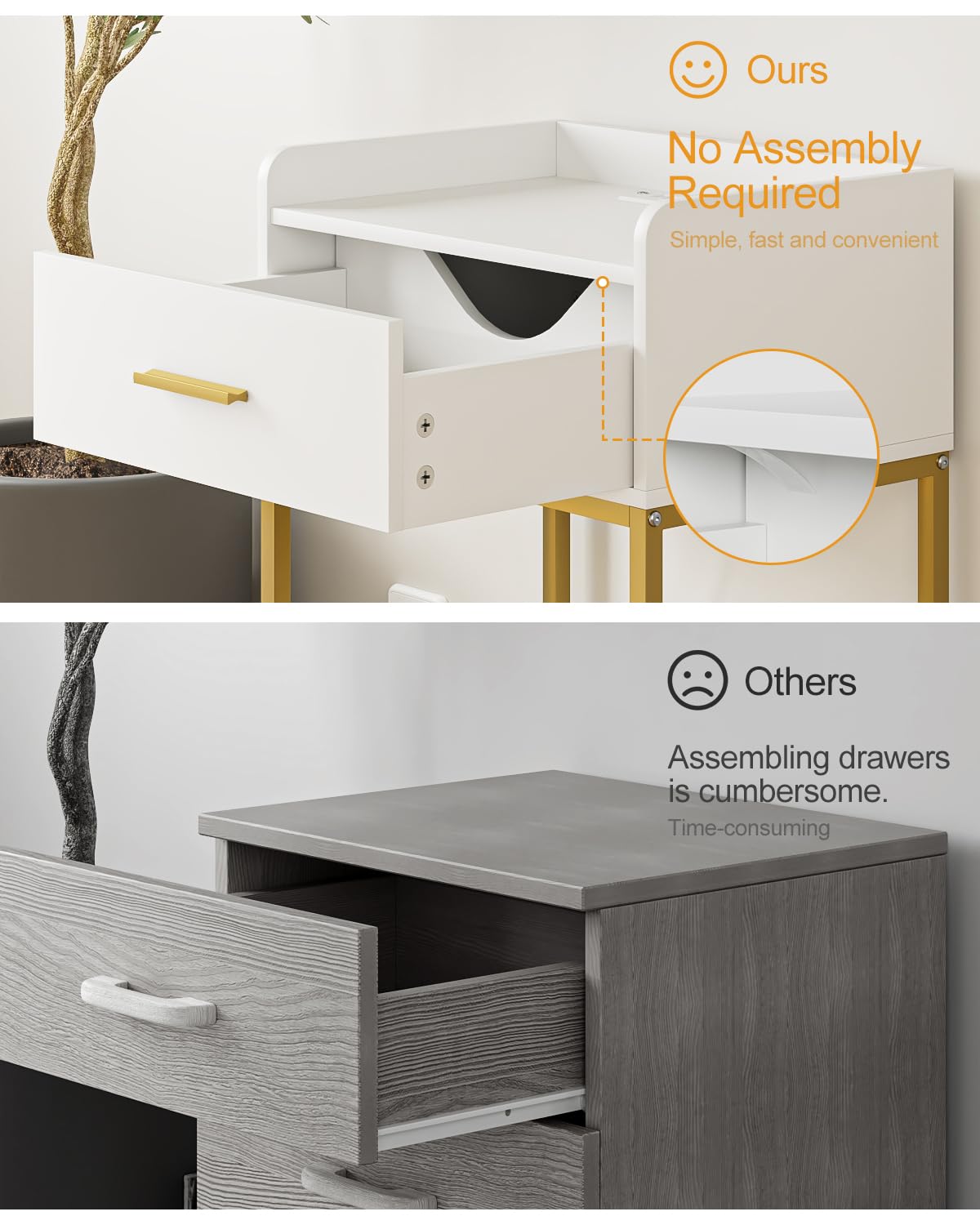 AEPOALUA Nightstand with Charging Station,Bedside Table with Drawer and 2 Shelf Storage, Small Side Table, Modern White Night Stand, Tall End Table for Bedroom, Living Room (White-Gold Legs) AEPOALUA