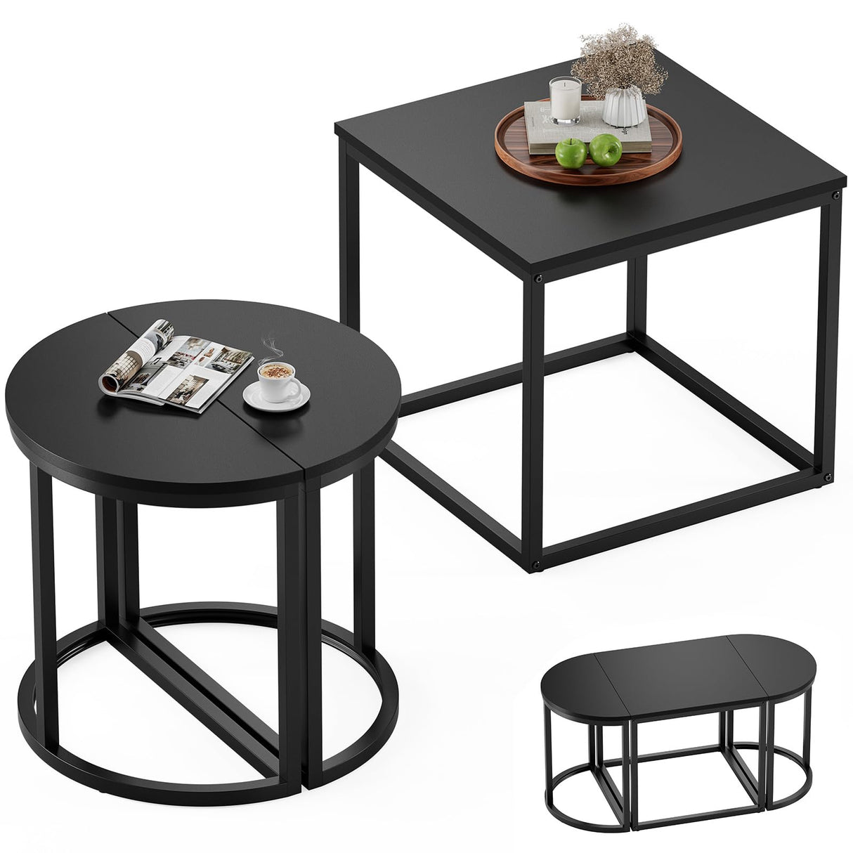 GreenForest Coffee Table Oval 3pcs Set, Modern Living Room Table with 2 End Tables, Small Center Table with Metal Frame for Home Apartment, Black GreenForest