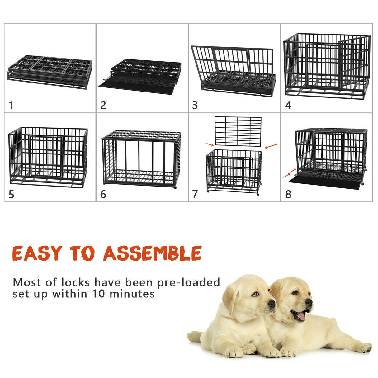 LEMBERI 48/38 inch Heavy Duty Indestructible Dog Crate, Escape Proof Dog Cage Kennel with Lockable Wheels,High Anxiety Double Door,Extra Large Crate Indoor for Large Dog with Removable Tray LEMBERI