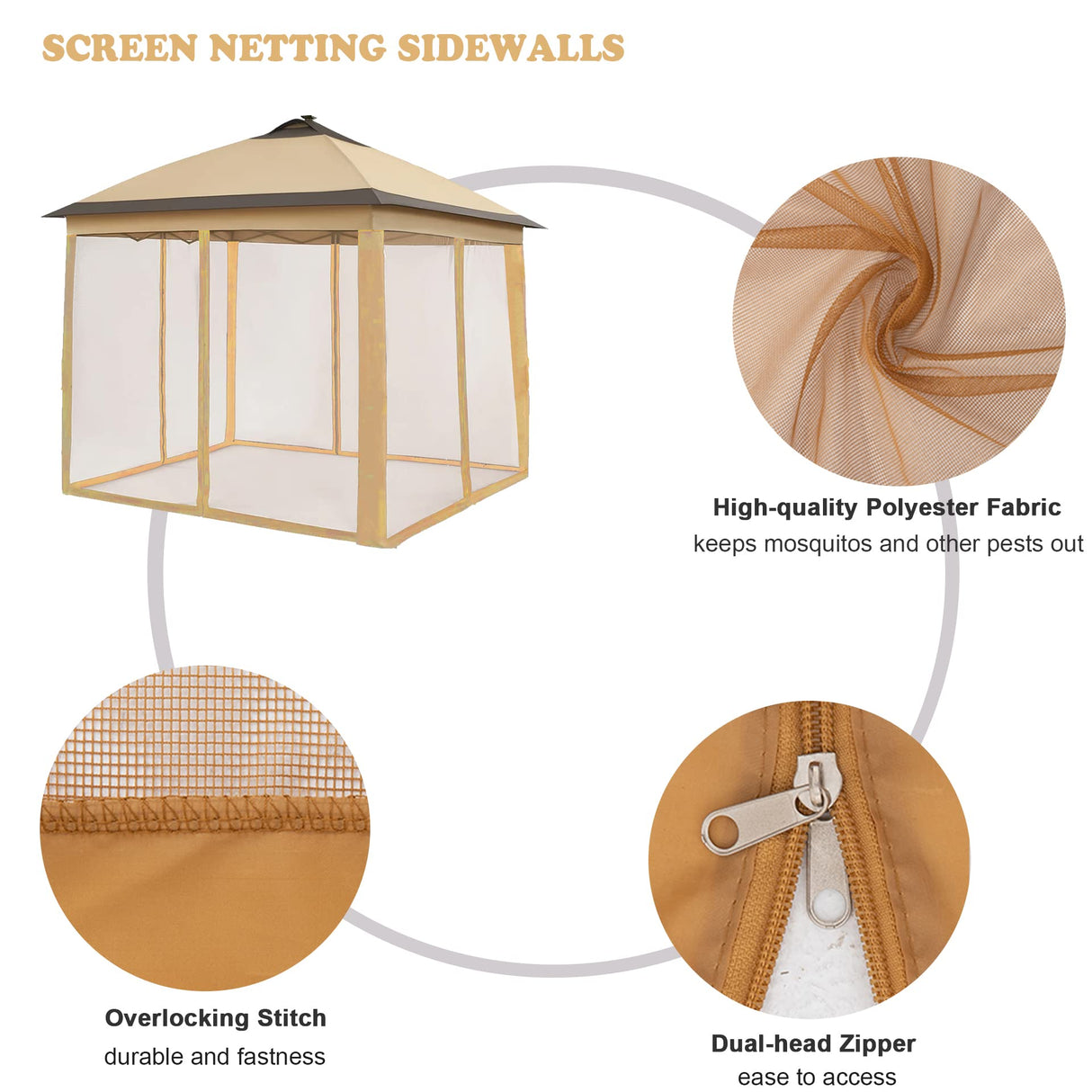 Coverify Replacement Gazebo Mosquito Netting 10x10FT, Universal Outdoor Pergola 4-Panel Patio Screen Walls with Zipper (Mosquito Netting ONLY, Brown) Coverify