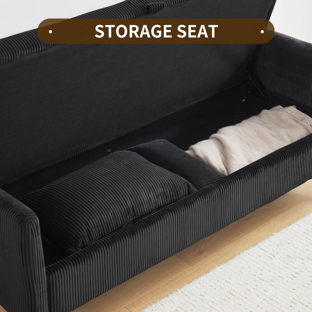 Furnimart 2-Seater Storage Loveseat for Small Spaces, 62“ Corduroy Couch with Removable Cushion Cover and Metal Leg for Bedroom, Apartment, Tiny Homes and Lofts, Black Furnimart