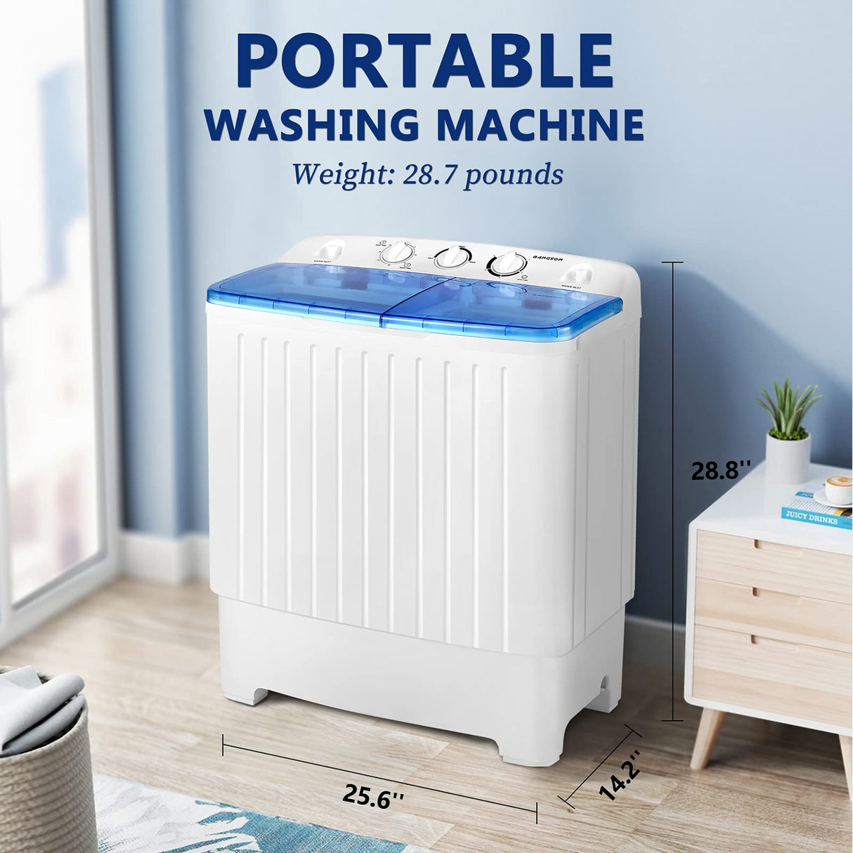 BANGSON Portable Washing Machine, Mini Twin Tub Washer and Dryer Combo with 17.6 lbs Large Capacity, Portable Washer for Apartment, Dorm, RV, Camping, Home, 25.6x14.2x28.8 inches, White & Blue BANGSON