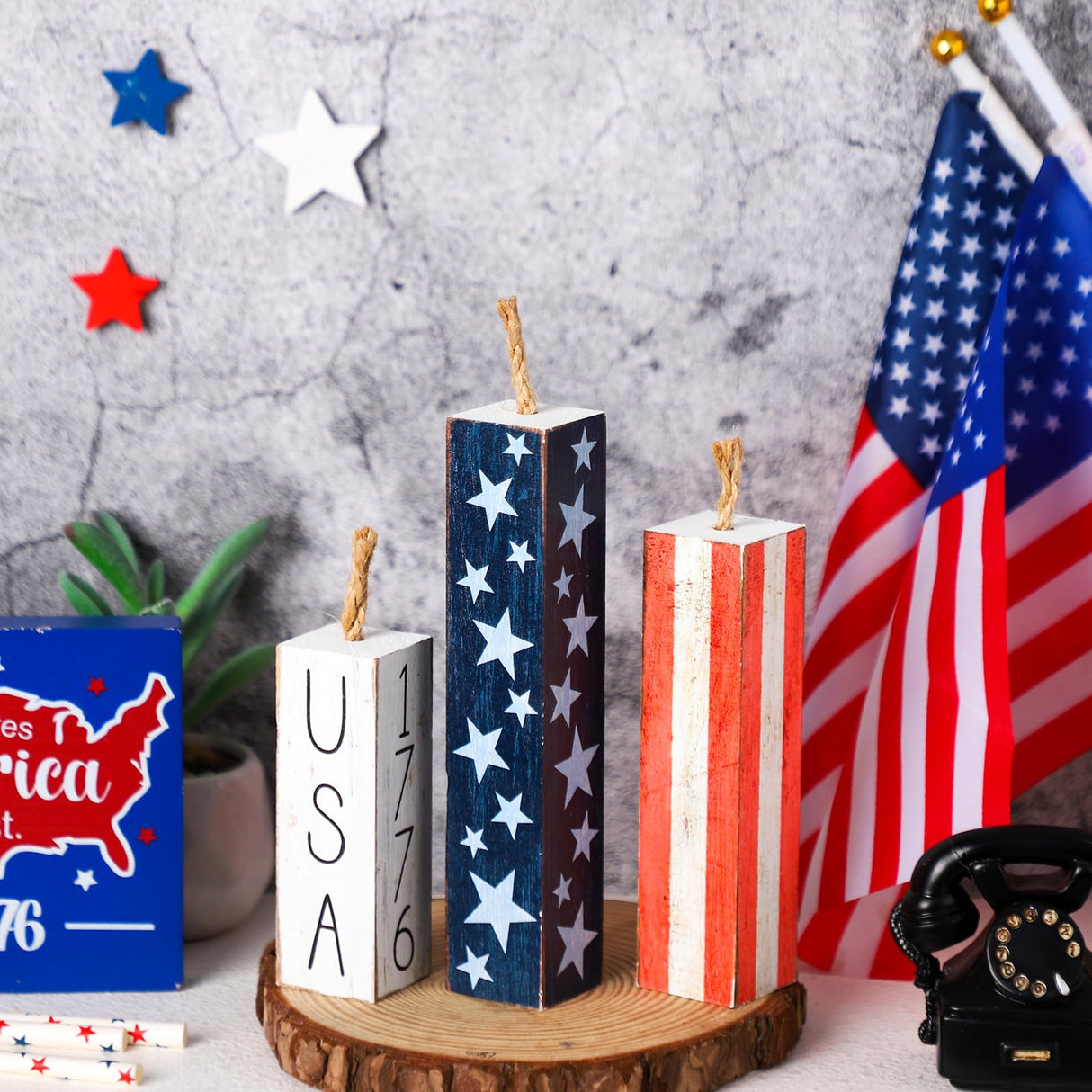 Amyhill 3 Pcs 4th of July Wooden Table Decorations Patriotic Table Centerpieces Independence Day Wood Firework Fourth of July Table Signs for Home Farmhouse Decor(Classic Style) Amyhill