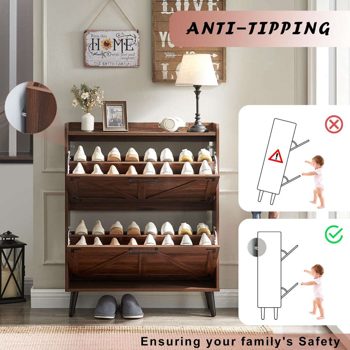 Barnyatoh Shoe Storage Cabinet with 2 Flip Drawers, Farmhouse Hidden Shoe Organizer, Narrow Slim Shoe Rack Cabinet for Entryway Hallway,Walnut Barnyatoh