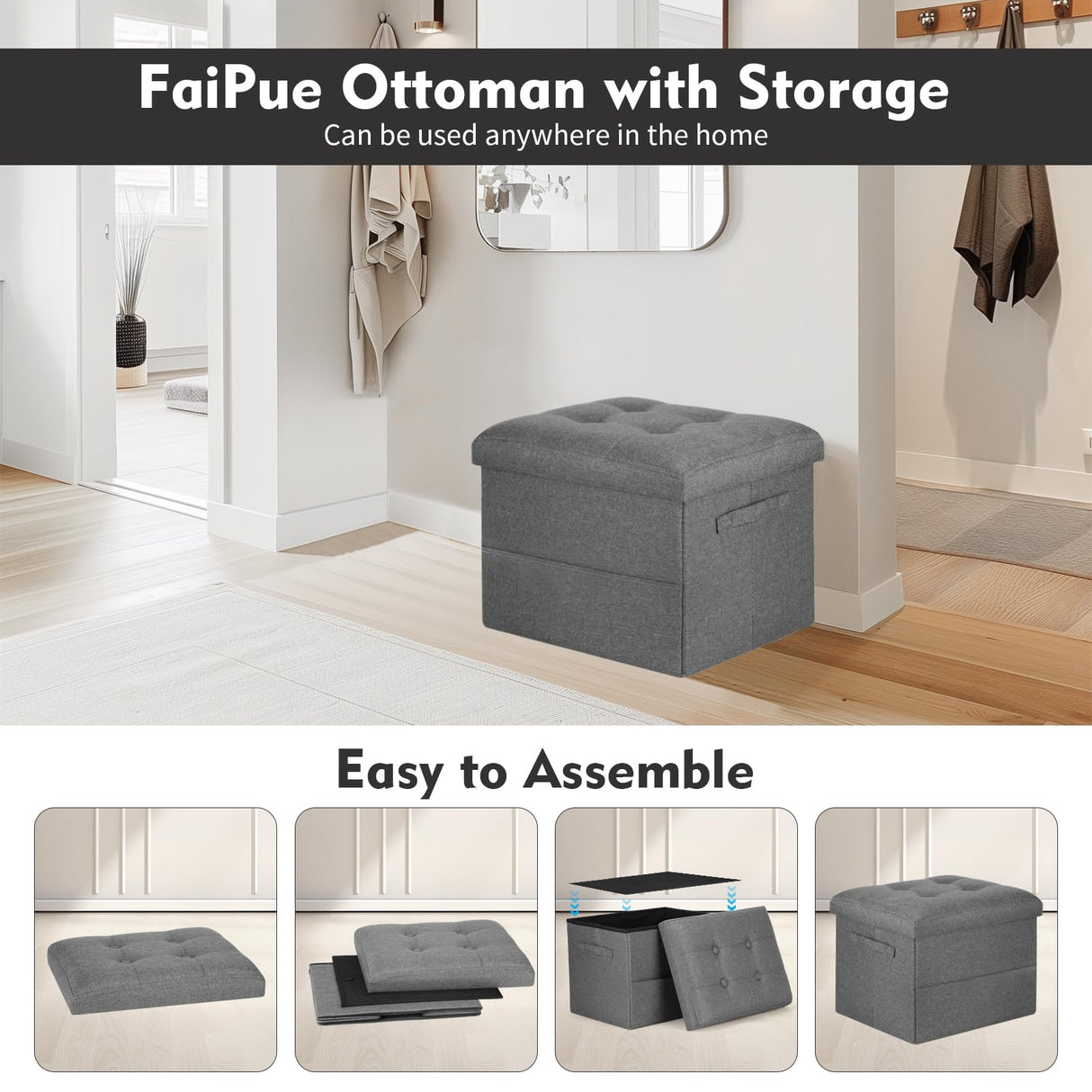 FaiPue Storage Ottoman. Foot Rest Stool with Thicker Foam Padded Seat. Linen Footstool Storage Bench, 350 lbs Folding Bench Small Ottoman for Living Room, Bedroom, Coffee Table. 17x13x13in, Dark Gray FaiPue