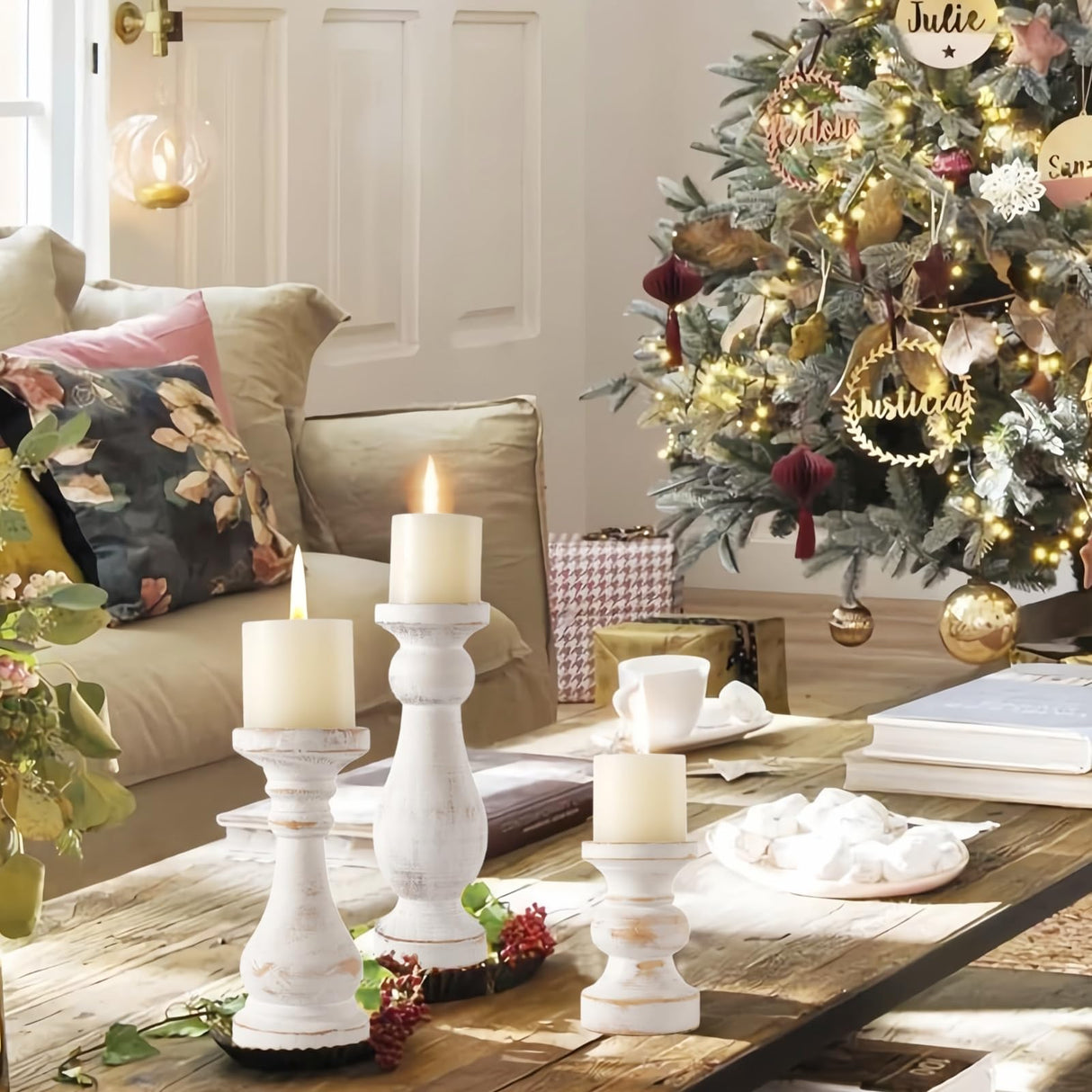 CedarLux Rustic Pillar Candle Holder, 6 Inch White Wooden Candlestick Holders, Farmhouse Candle Stands for Pillar Candle,Decorative Wood Candlestick Holders for Living Room, Table Centerpiece CEDARLUX