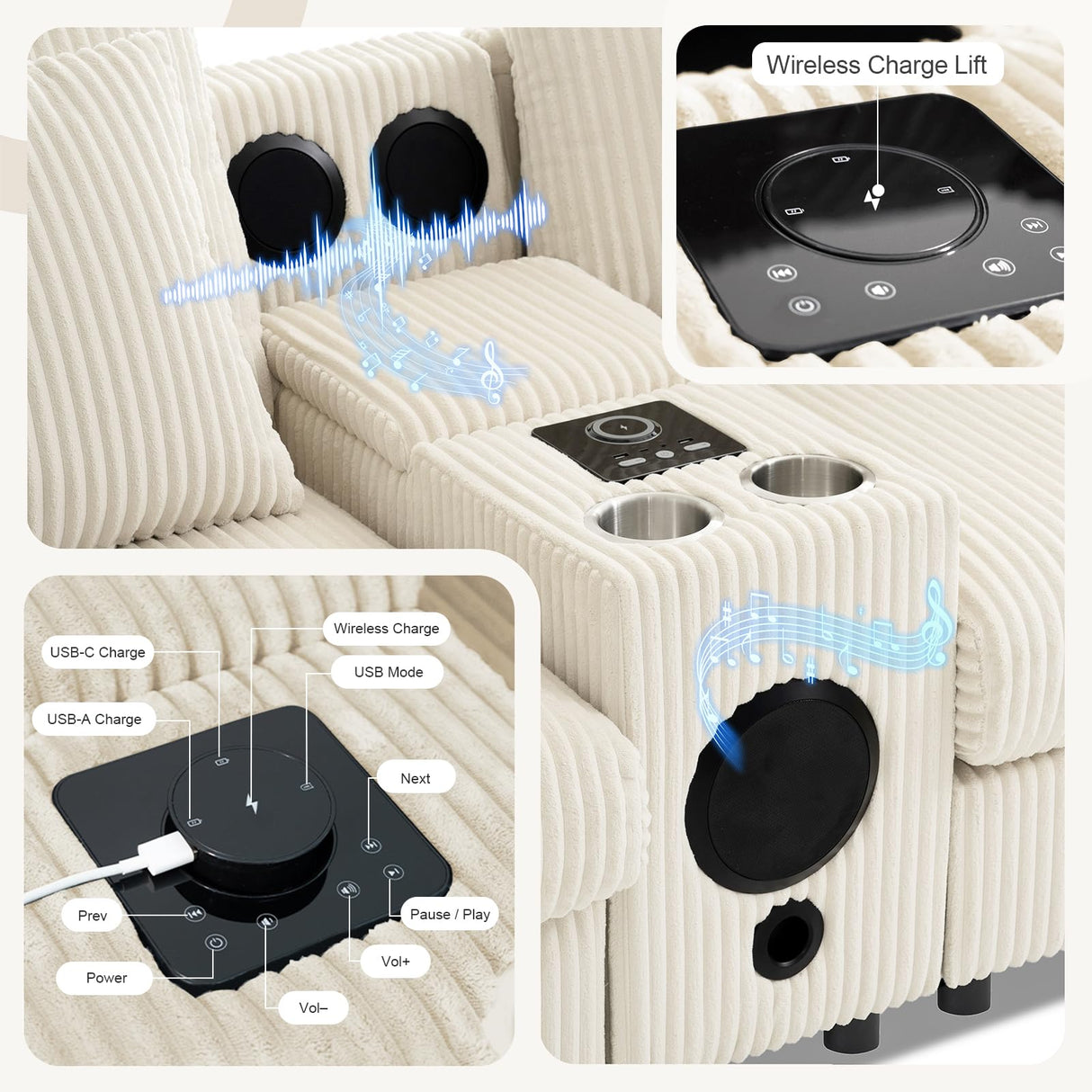 MAKIAAP 114" Corduroy Sectional Modular Couch with Bluetooth Speakers, L Shaped Couches Comfy Deep Sofa with Console, USB Charger, Cup Holders, Storage, Ottoman for Living Room (Beige, 114in) MAKIAAP