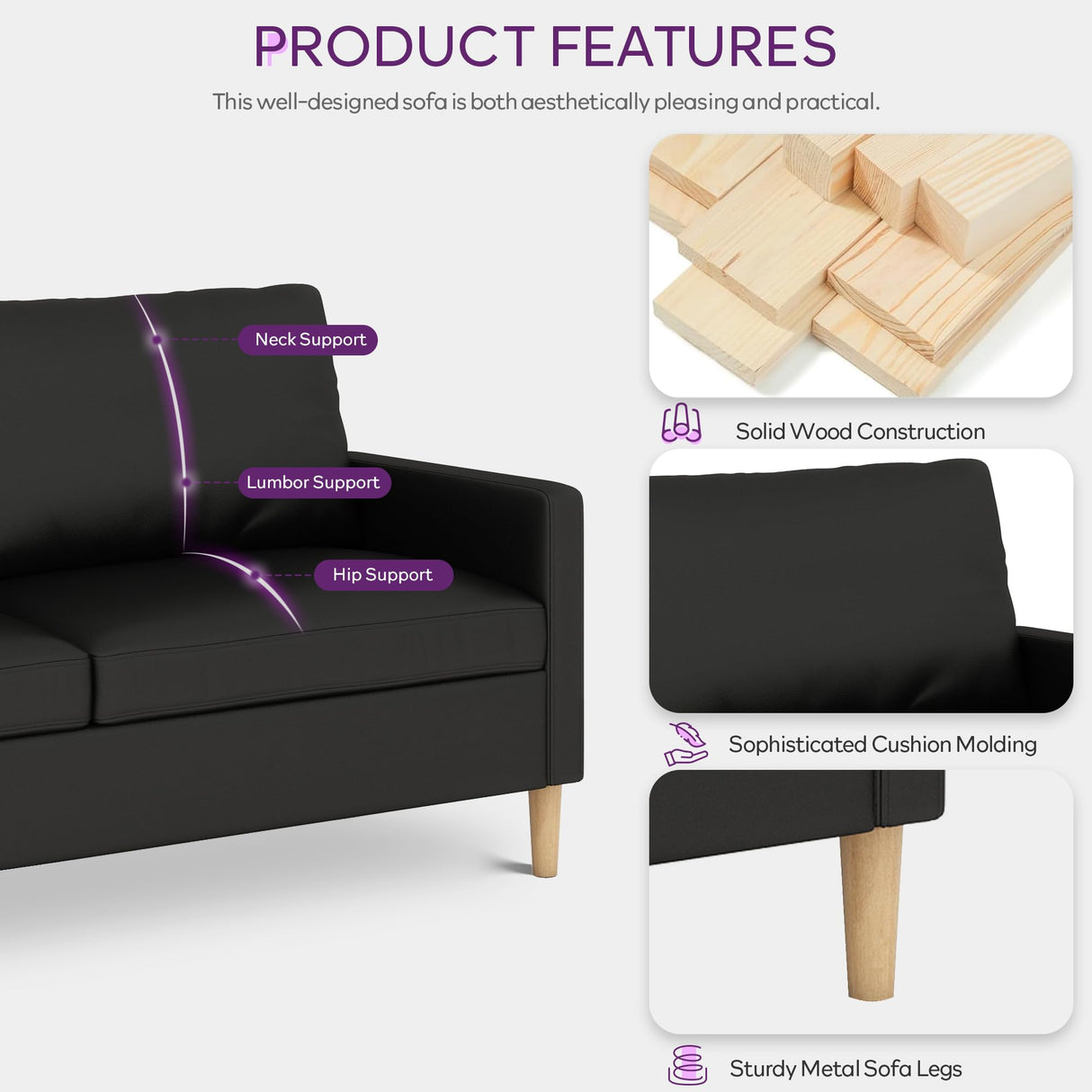 TYBOATLE 66" Black Faux Leather Sofa Couches w/USB, 2 Piece Living Room Set, Mid-Century Modern Tufted Loveseat 2 Seater Office Small Couch Love Seat for Small Space Bedroom Drom Apartment TYBOATLE