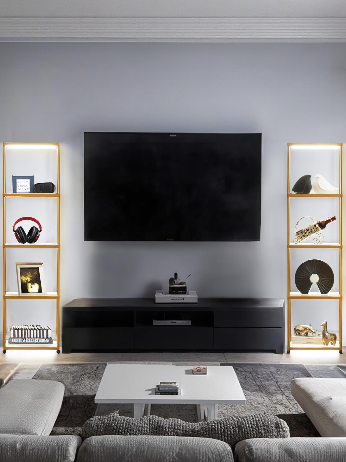 MANBUR Display Shelf with Dimmable LED Floor Lamp, Display Cabinet with Glass Bookcase, Home Decor, Bedroom Decor, Bookshelf with Light, Open Book Shelf with 5-Tier Shelf for Living Room Decor Gold MANBUR