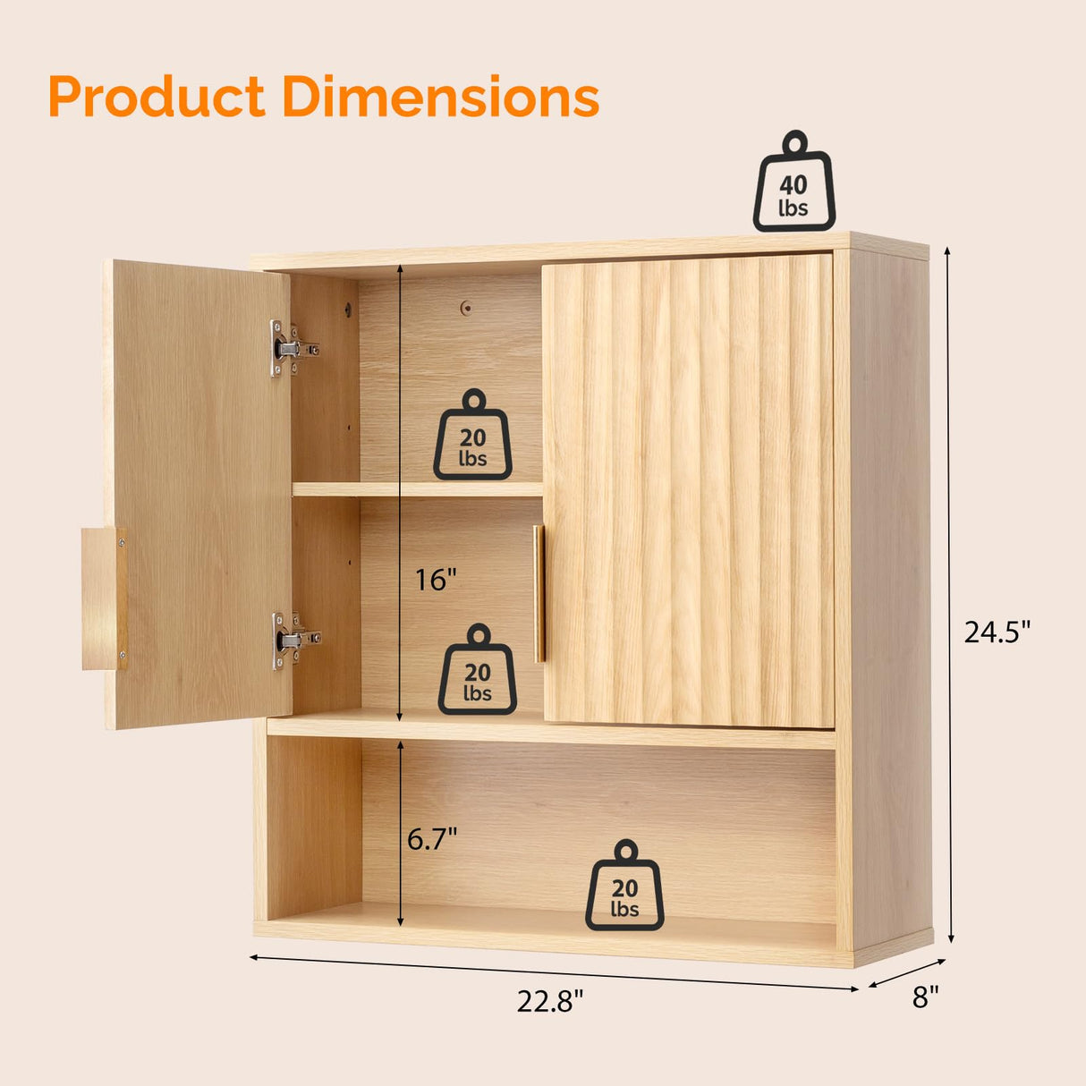 VINGLI Fluted Modern Medicine Cabinet,Bathroom Wall Cabinet Over Toilet Storage, Upper Floating Countertop Storage for Bathroom, Laundry Room,Small Hanging Kitchen Wall Cabinets (Natural Oak Color) VINGLI