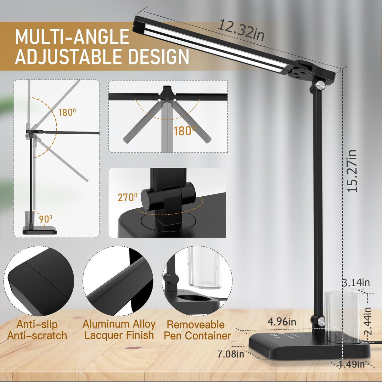CHARYJOD Dimmable LED Desk Lamp with USB Charging Port, 50 Lighting Modes Dual Swing Arm Architect Table Lamp Light Desk Lamp for Home Office Dorm Piano Nail CHARYJOD