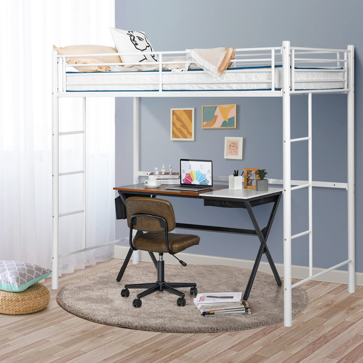Giantex Metal Loft Bed Twin Size, Heavy Duty Loft Bed Frame with 2 Ladders, Twin Over Loft Bunk Bed with Full-Length Guard, Space-Saving Bed Frame for Kids Teens Adults, No Box Spring Needed (White) Giantex