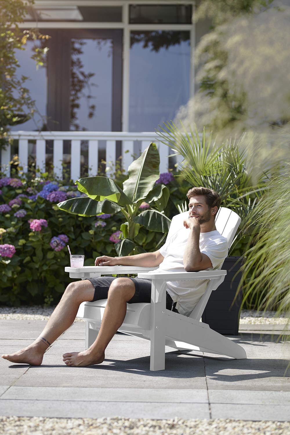 Keter Alpine Adirondack Resin Outdoor Furniture Patio Chairs with Cup Holder-Perfect for Beach, Pool, and Fire Pit Seating, White Keter