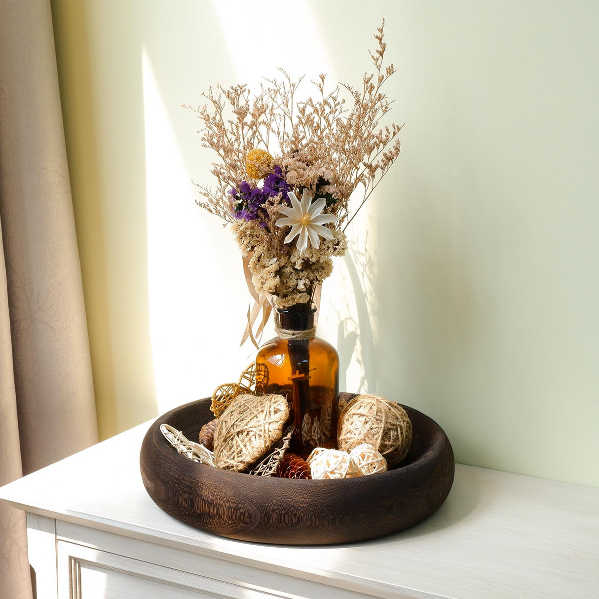 SAMGUYUE Wooden Bowls Round Decorative Paulownia Wood Centerpiece Bowls for Home Decor Blackened Fruit Bowl for Coffee Table Key Tray for Entryway Moss Holder (Black) SAMGUYUE