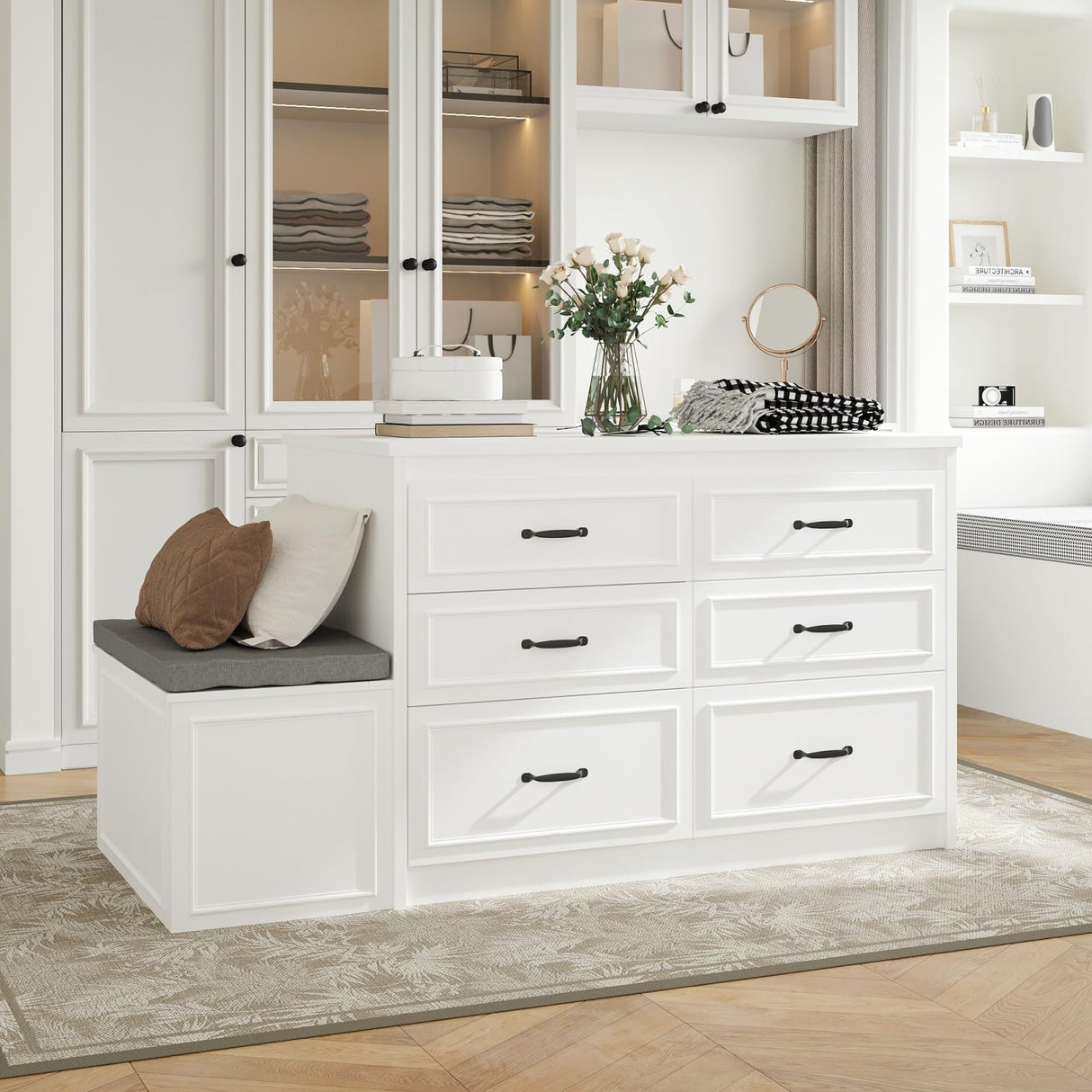TAMUNE Armoire Bedroom Wardrobe Closet Island with 12 Drawers & Flip Door, Walk in Closet Island with Storage Bench, Islands Dresser for Bedroom Cloakroom White (61.9”W x 27.6”D x 32.6”H) TAMUNE