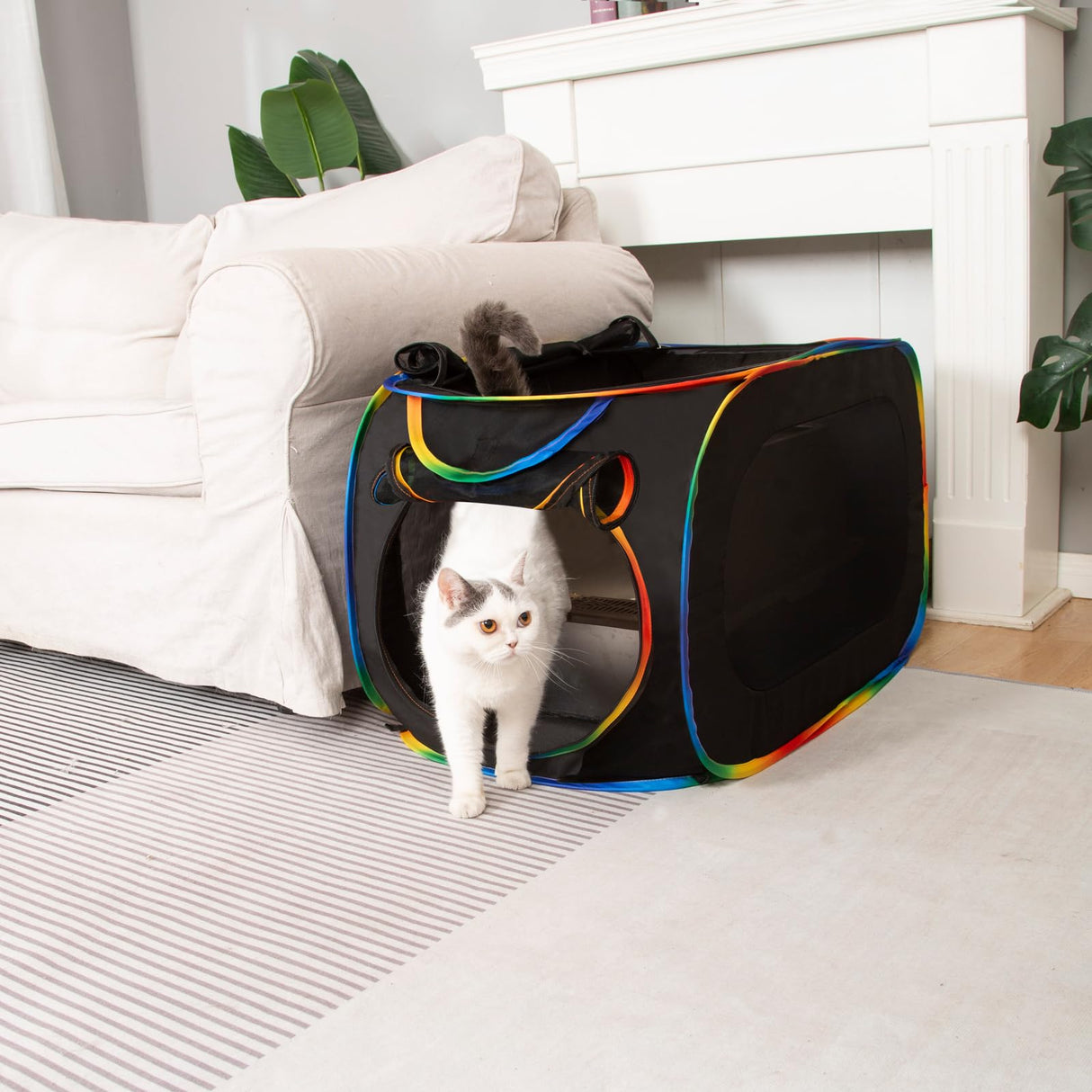 LUCKITTY Portable Cat Litter Box Enclosure, Pop Up Hidden Litter Box Furniture with Big Pocket for Living Room, Bedroom, Made by Waterproof Oxford & Breathable Mesh, Black-Rainbow, 32" L×19" W×19" H LUCKITTY