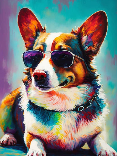 HMDIIMGE Diamond Painting Kits for Adults, 5D Full Round Diamond Dog with Sunglass Diamond Art Kit, Cardigan Welsh Corgi Dots Diamond Painting for Beginners, DIY Beads for Home Wall Decor 12x16 inch