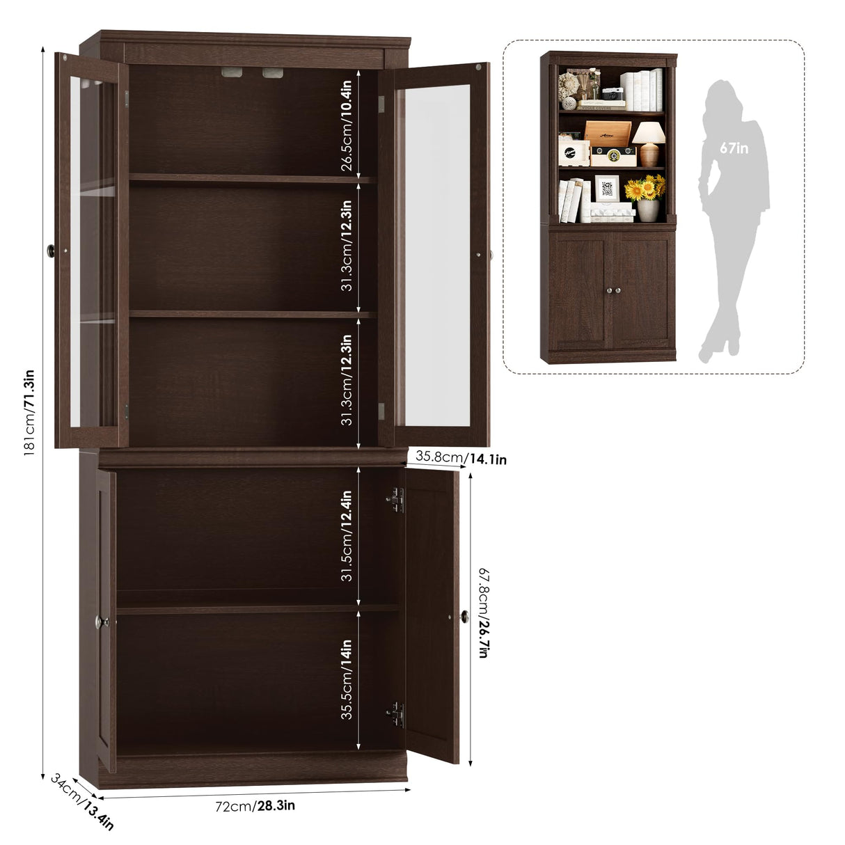 FACBOTALL 71.3'' Tall Bookcase with Glass Doors, Farmhouse Book Shelf with Adjustable Shelf, Tall Bookshelf with Storage, Bookshelves and Bookcases with 5 Tier Display Storage for Living Room, Brown FACBOTALL