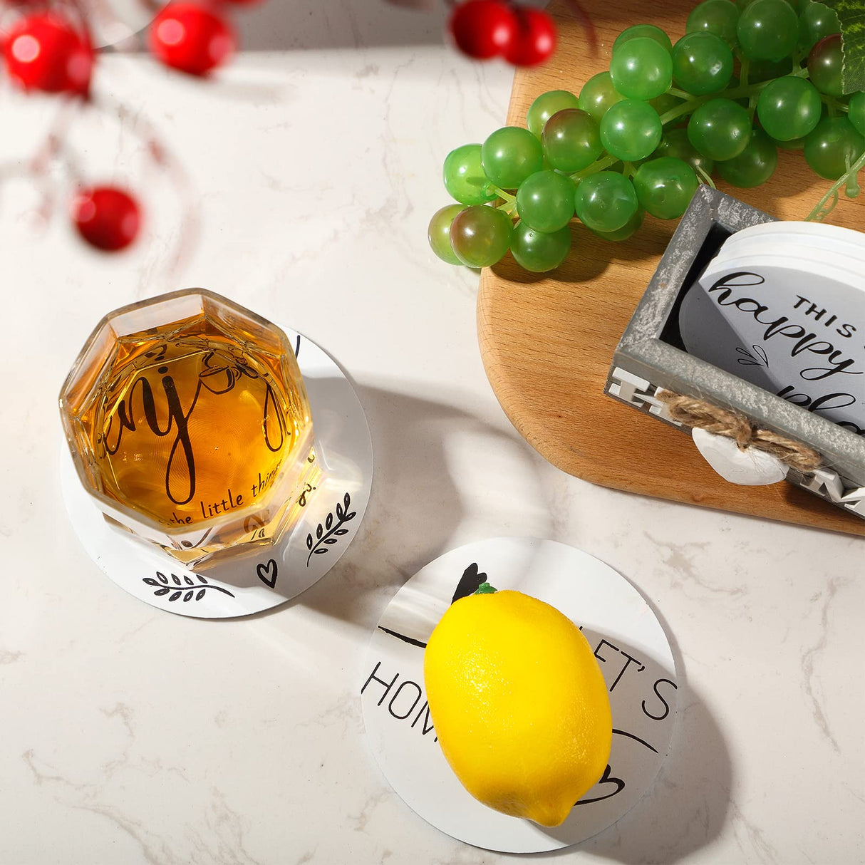 Queekay Housewarming Gifts for Home Decoration Wooden Heart Coasters for Drinks 6 Set Farmhouse Coasters with Holder Funny for Family Coffee Table Protection, 4''(Gray, White) Queekay