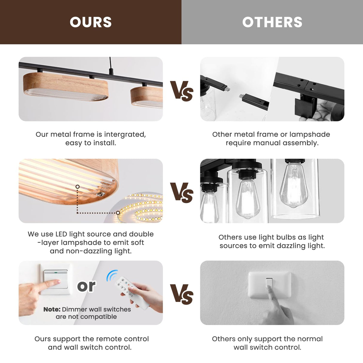 Glimchase 43.3" Linear Island Lights for Kitchen, 32W Wood Chandeliers for Dining Room, LED Rustic Dimmable Lighting Fixture for Farmhouse, 4-Light Pendant Lights for Kitchen Island Over Table Glimchase