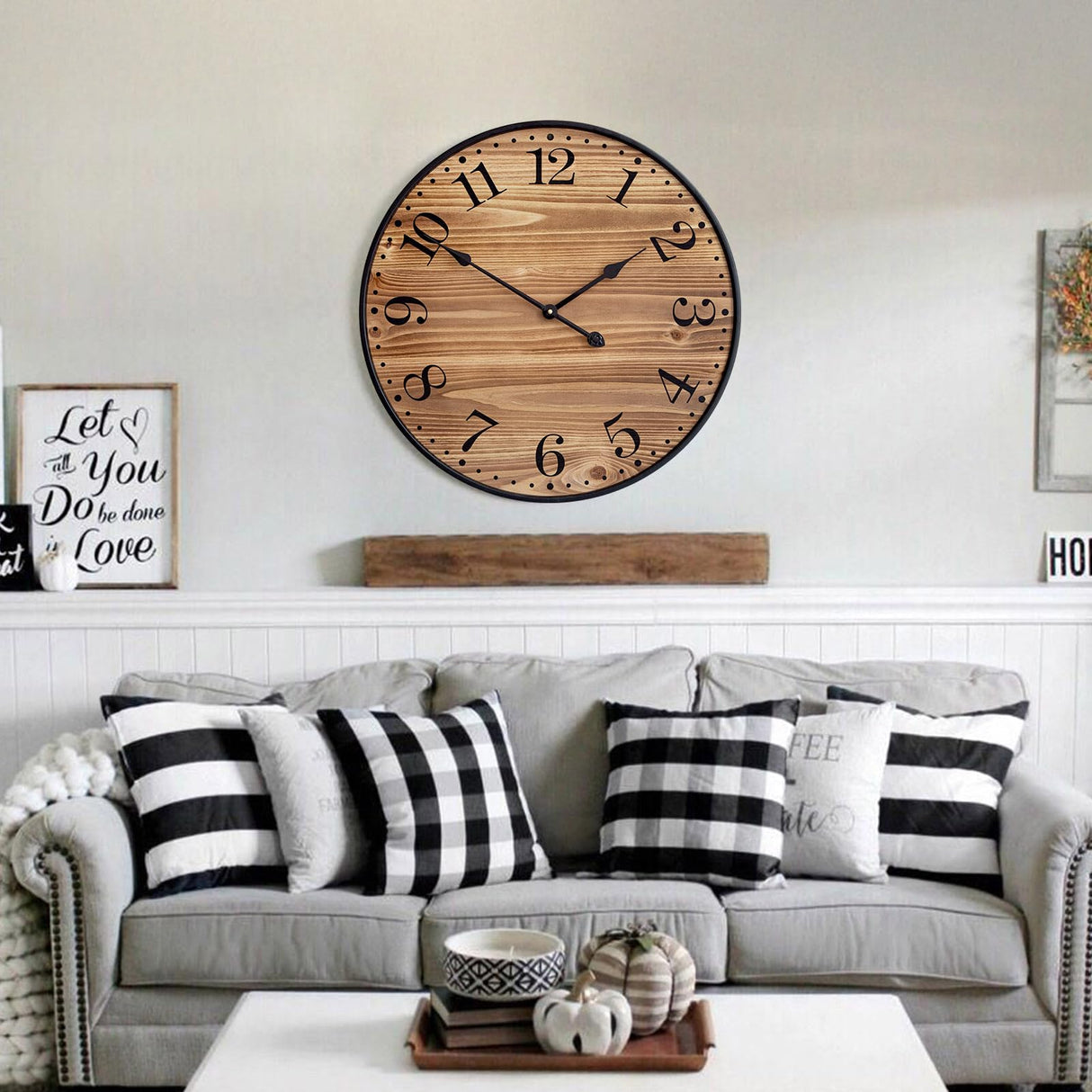 UPPER DECOR Rustic Farmhouse Wall Clocks for Living Room Decor, Large 24 inch Wall Clock with Dark Brown Wooden Face and Black Metal Frame, Silent Battery Operated for Kitchen Bedroom Entryway UPPER DECOR