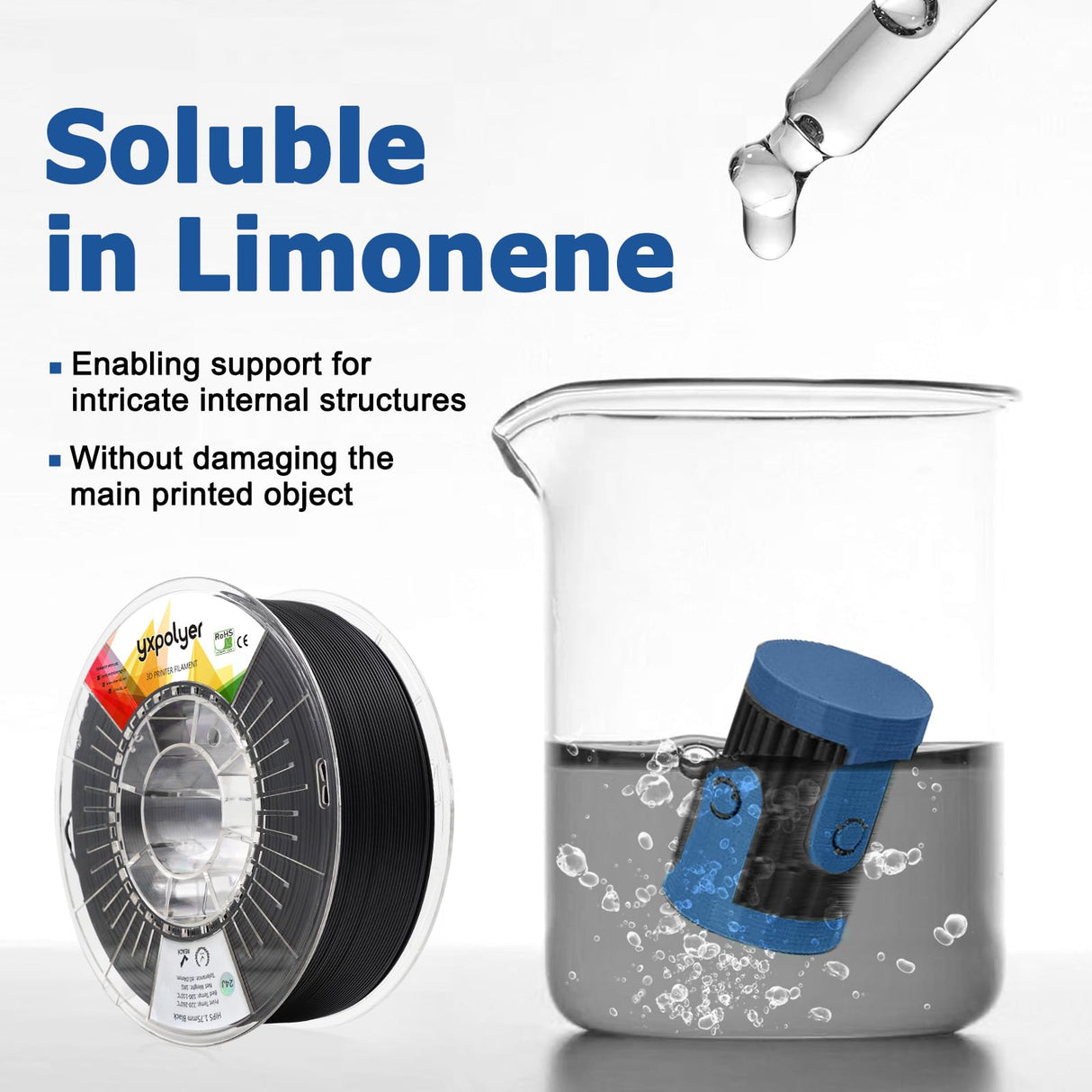 YXPOLYER HIPS Filament 1.75mm 3D Printer Filament 1KG, High Impact Polystyrene Soluble Support Filament for ABS, Dissolvable for Complex Models, Easy Dissolution with Limonene yxpolyer