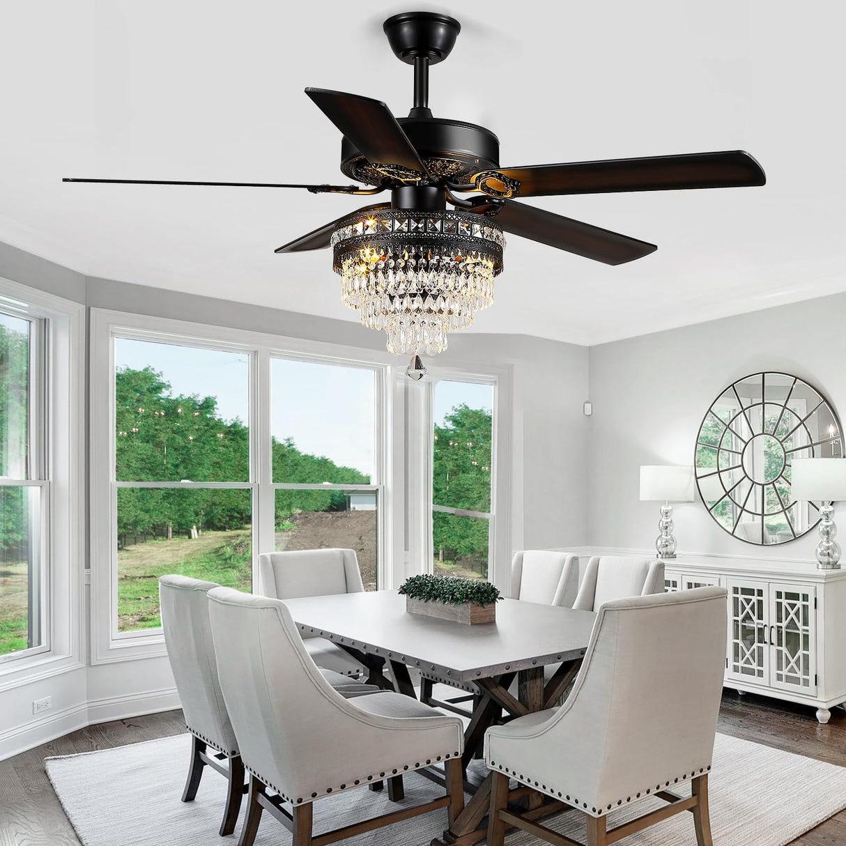 Crystal Chandelier Ceiling Fan with 3-Light, Farmhouse Fandelier with Remote - Silent DC Motor, K9-Crystal, Wood Blades, 3-Speed and Timing, Energy-Efficient Ceiling Fans for Living Room (52" Black) Chansim
