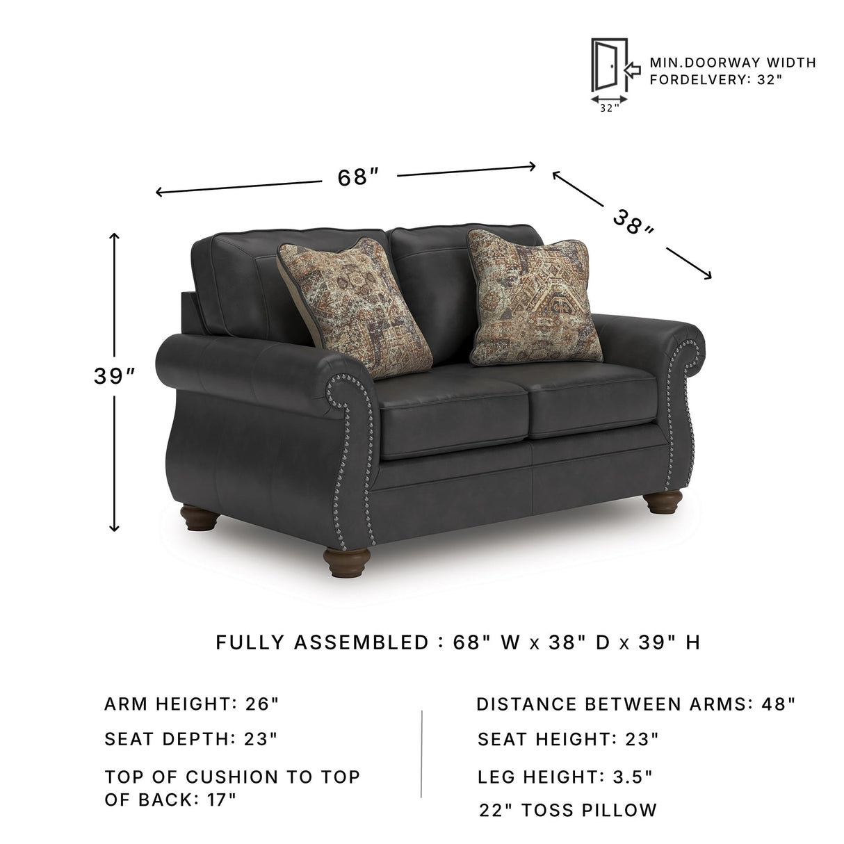 Signature Design by Ashley Chatterton Rustic Faux Leather Loveseat with Nailhead Trim and 2 Throw Pillows, Black Signature Design by Ashley